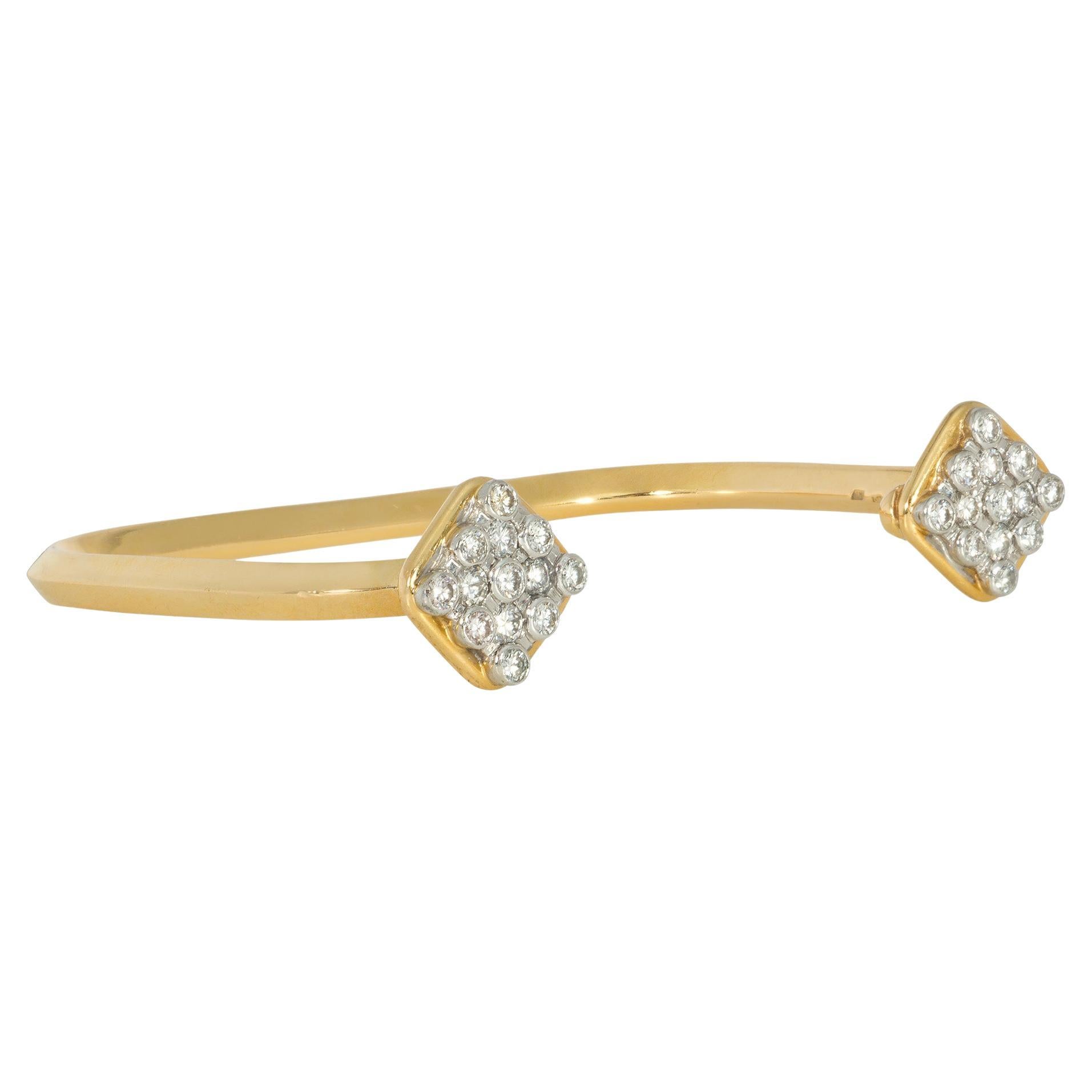 French 1970s Gold Geometric Cuff Bracelet with Diamond-Set Terminals