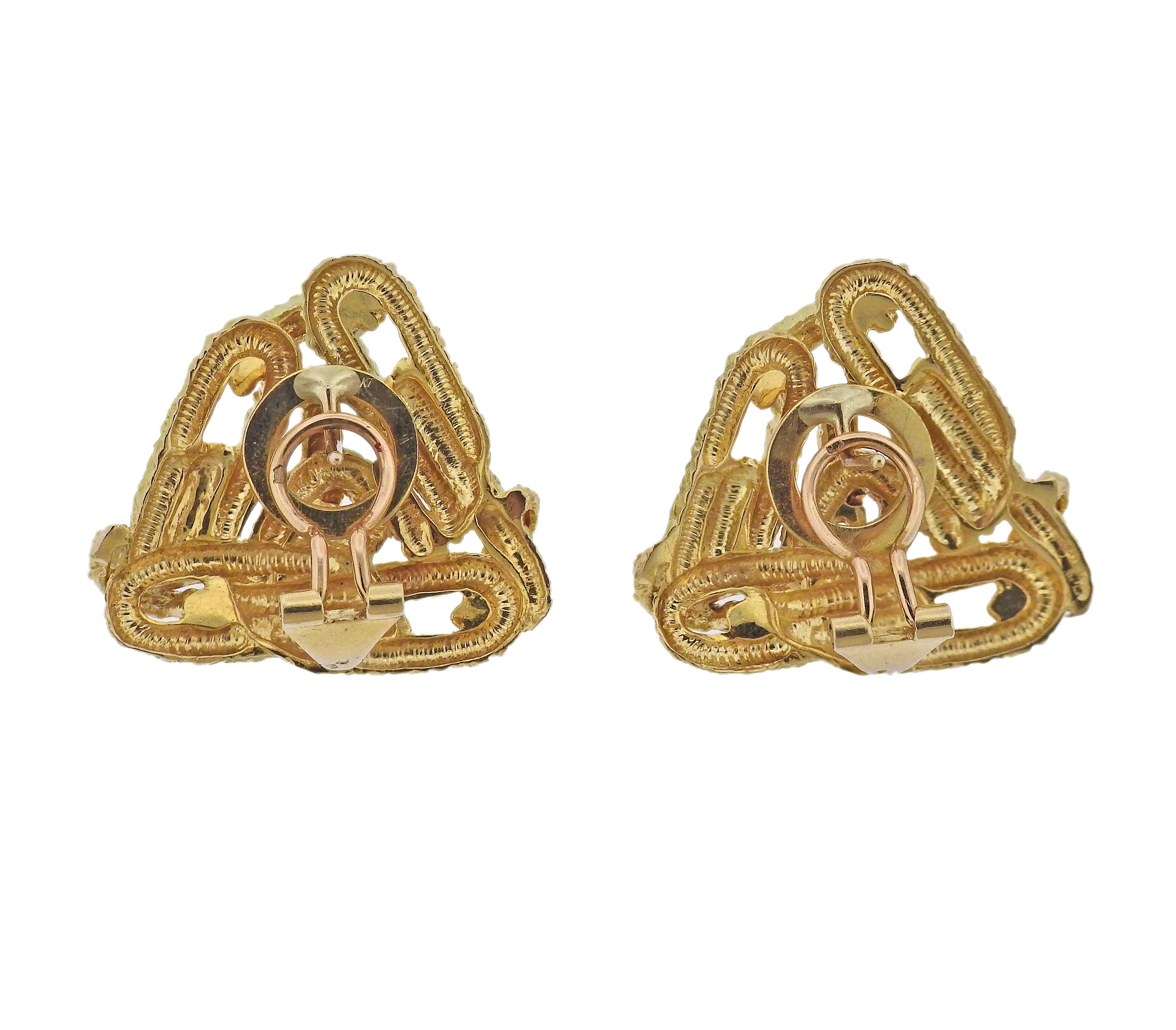 Pair of 1970s  vintage French made 18k gold geometric earrings. Measure 27mm x 30mm. Marked with French marks. Weigh - 20.3 grams. 