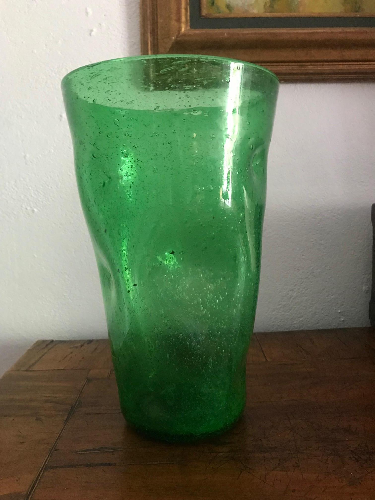 Mid-Century Modern French 1970s Hand Blown Bubble Green Glass Vase