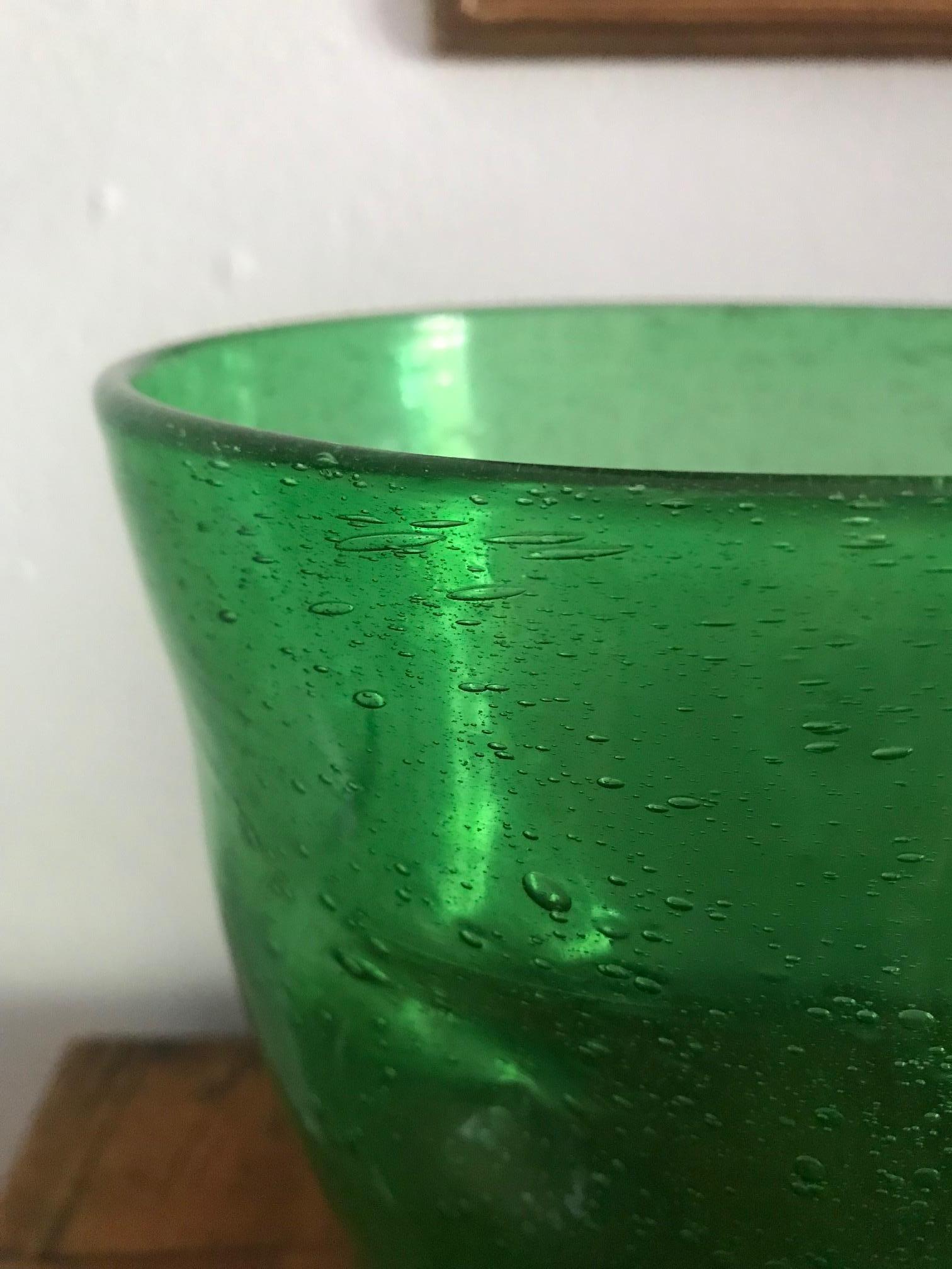 20th Century French 1970s Hand Blown Bubble Green Glass Vase