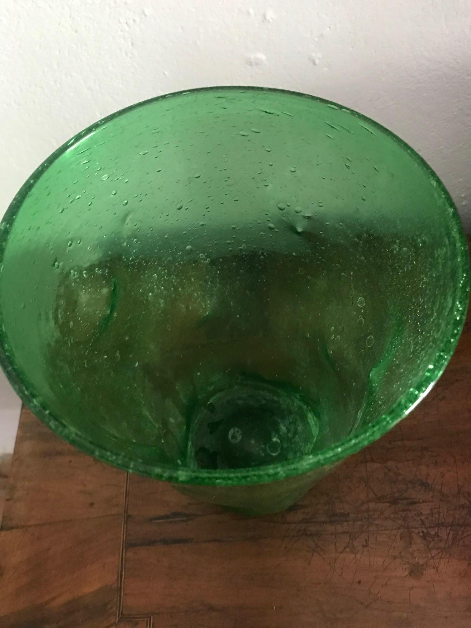 French 1970s Hand Blown Bubble Green Glass Vase 1