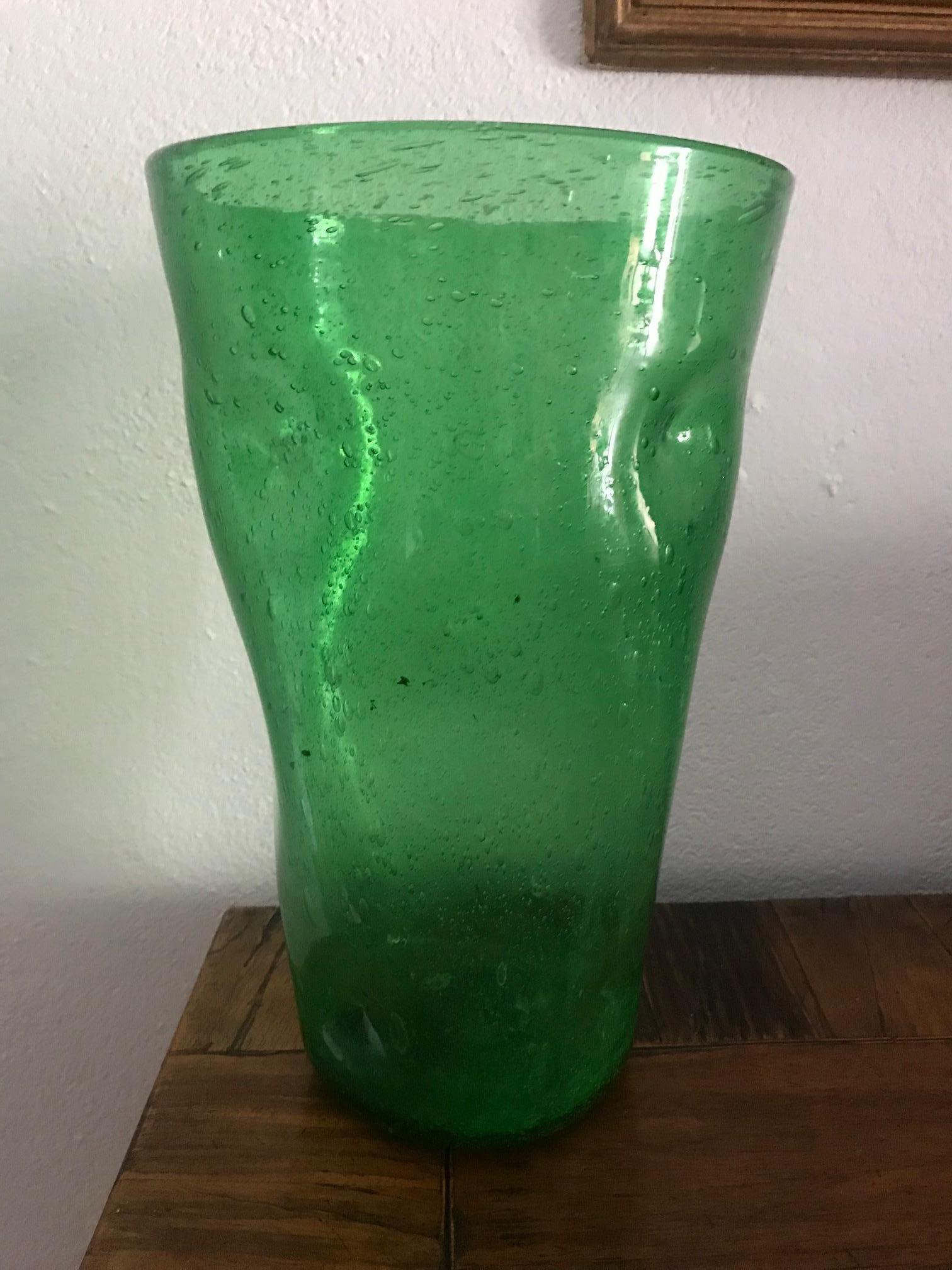 French 1970s Hand Blown Bubble Green Glass Vase 2