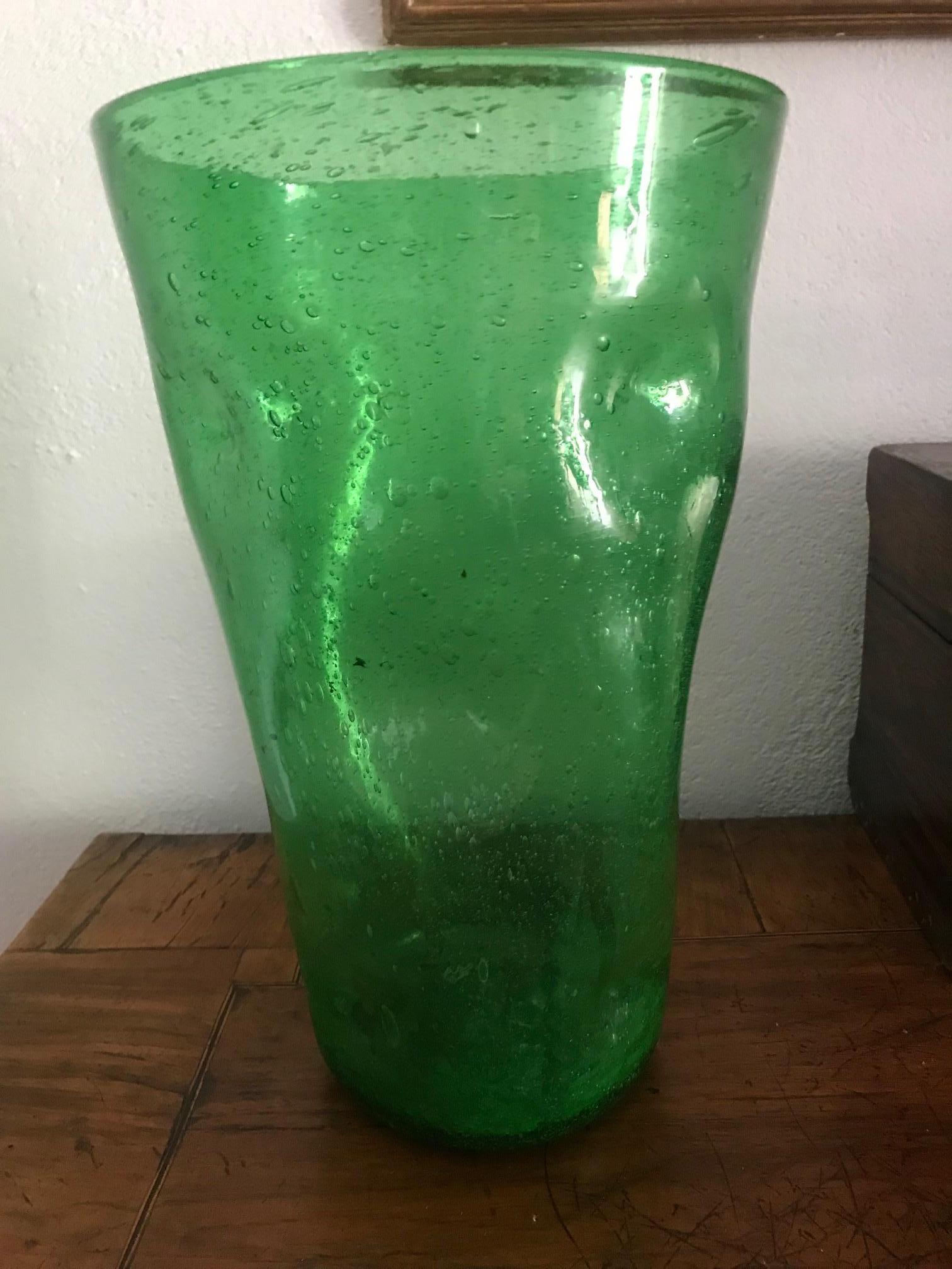 French 1970s Hand Blown Bubble Green Glass Vase 3