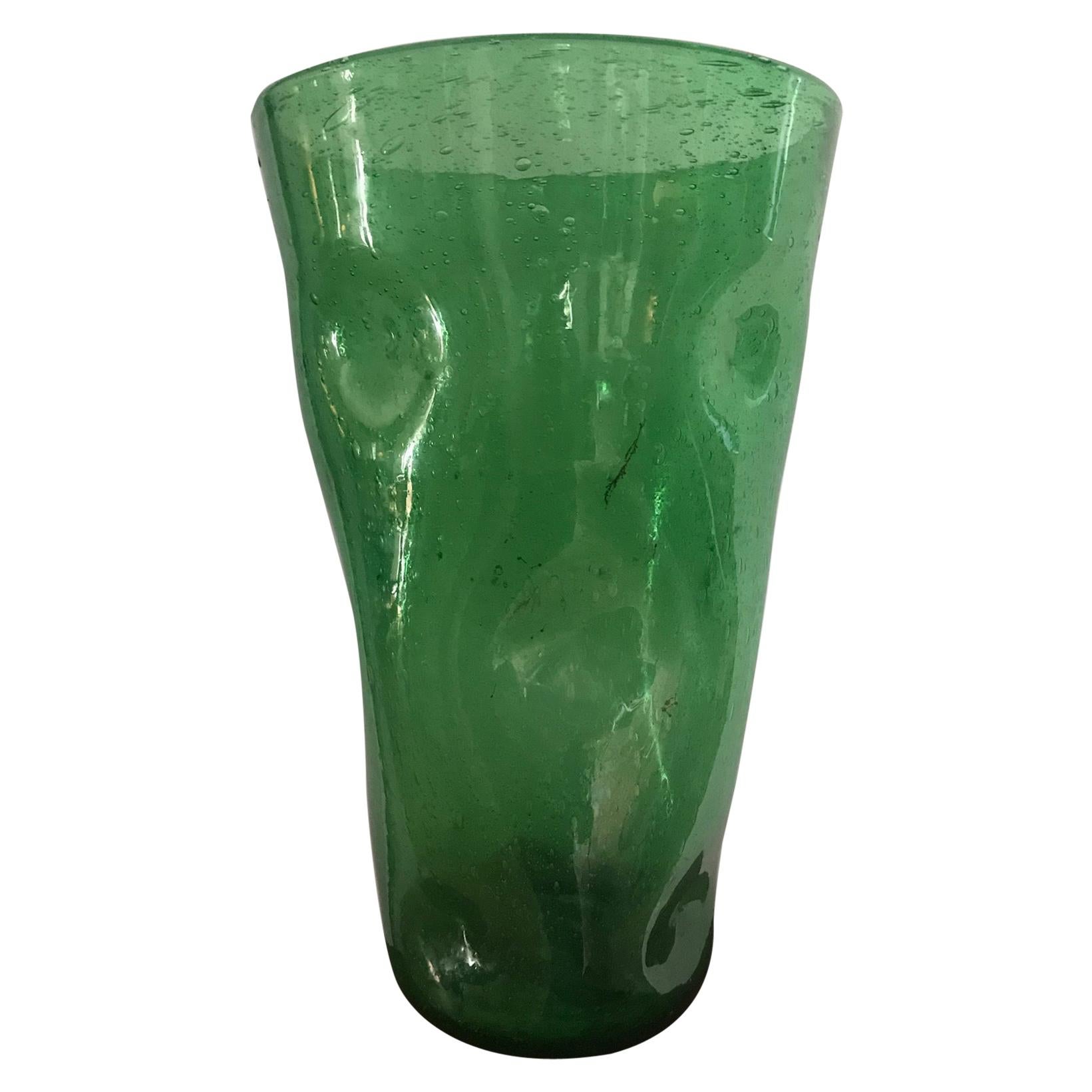 French 1970s Hand Blown Bubble Green Glass Vase