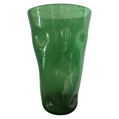 French 1970s Hand Blown Bubble Green Glass Vase