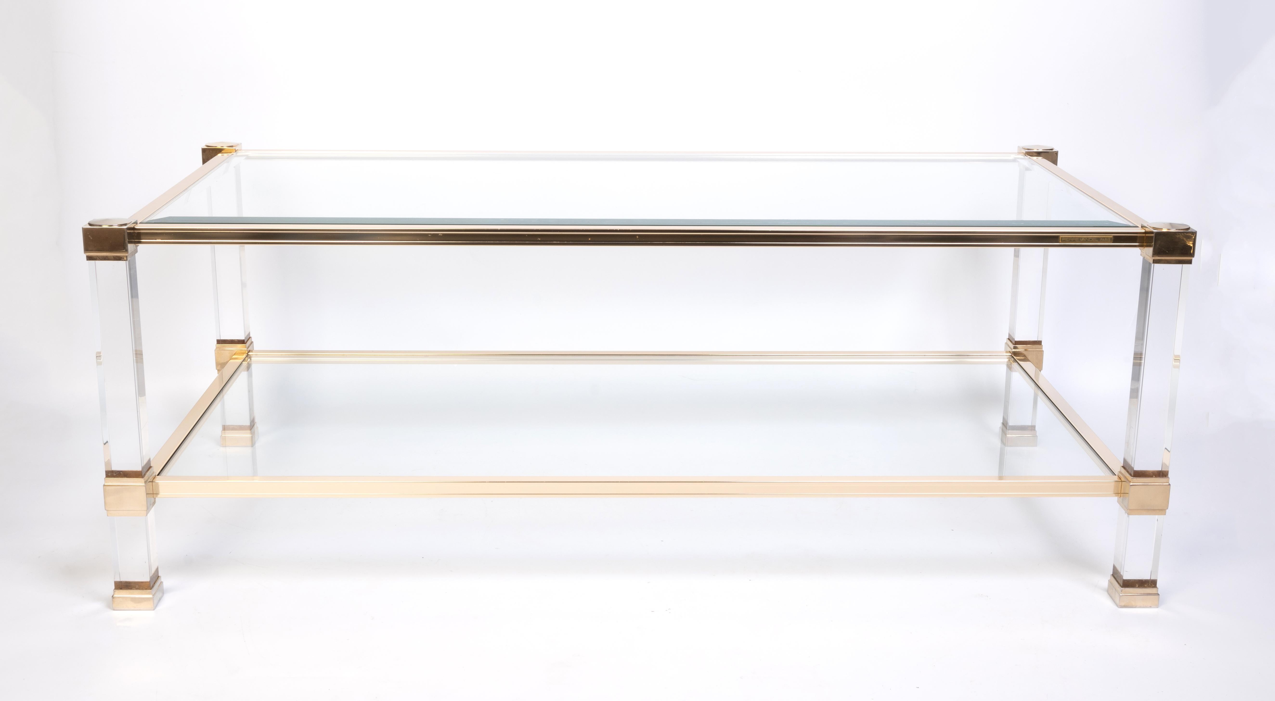 Hollywood Regency French 1970's Lucite Gilt Lacquered Brass Coffee Table by Pierre Vandel, Paris For Sale
