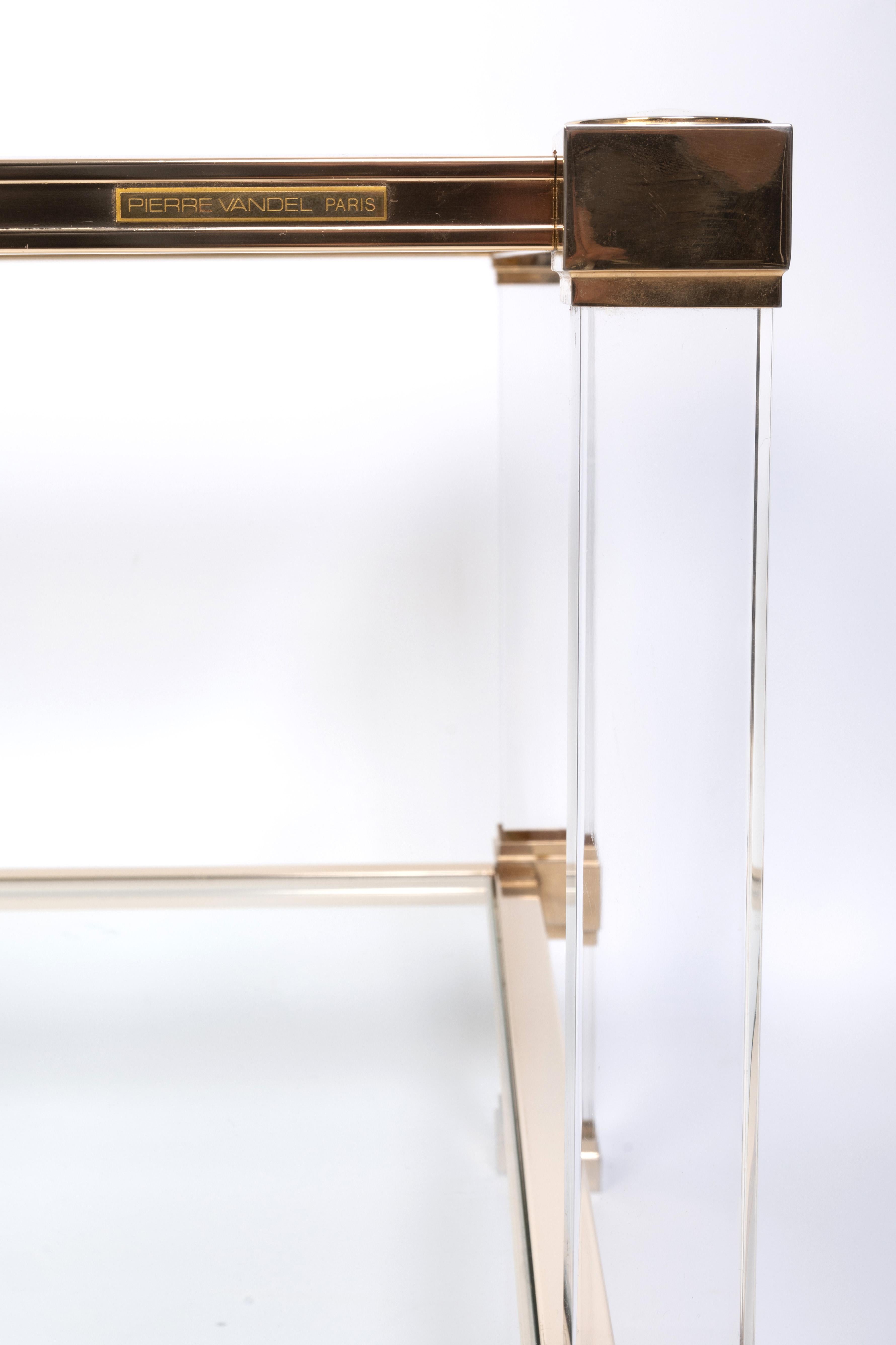 Gold Plate French 1970's Lucite Gilt Lacquered Brass Coffee Table by Pierre Vandel, Paris For Sale