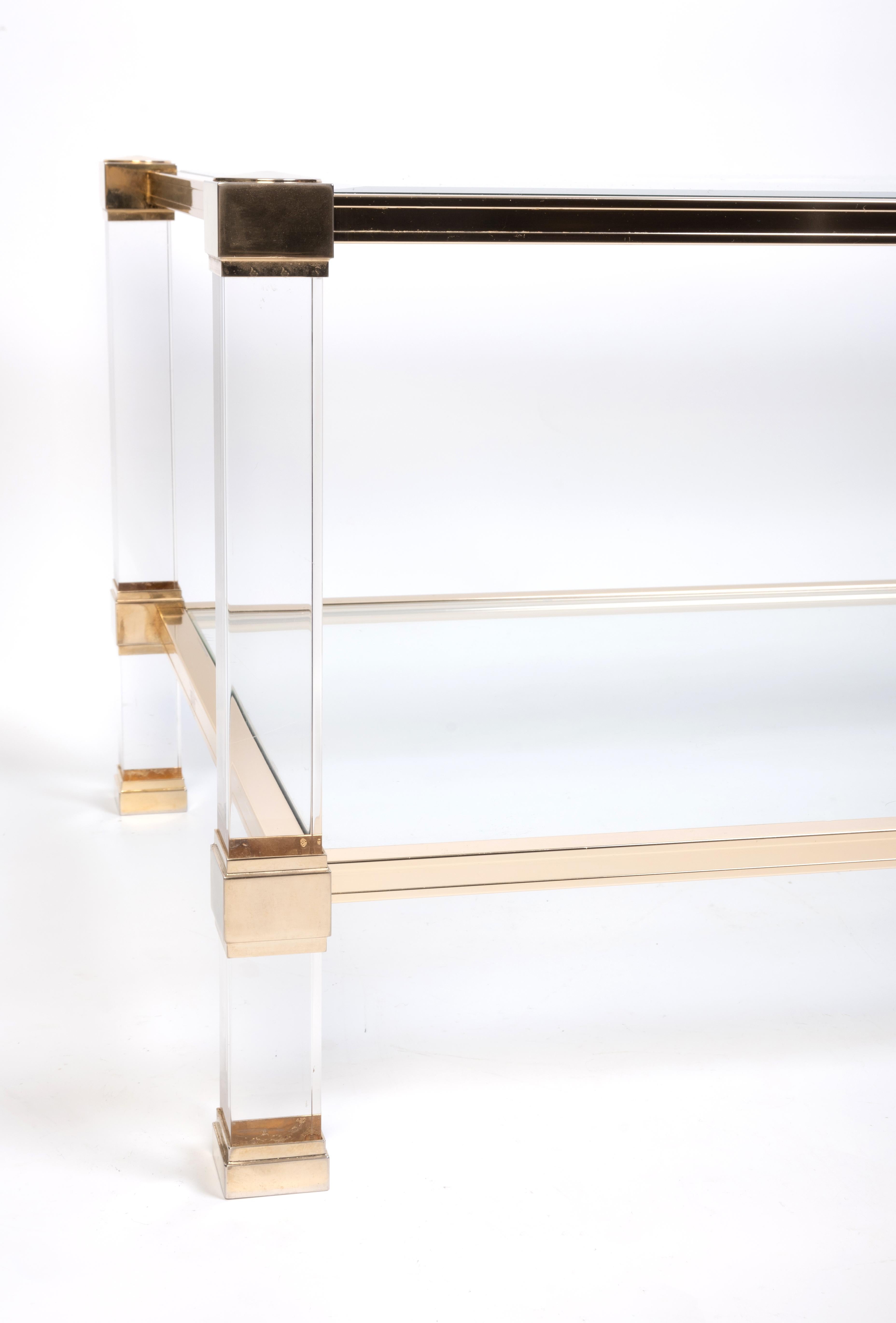 French 1970's Lucite Gilt Lacquered Brass Coffee Table by Pierre Vandel, Paris For Sale 1