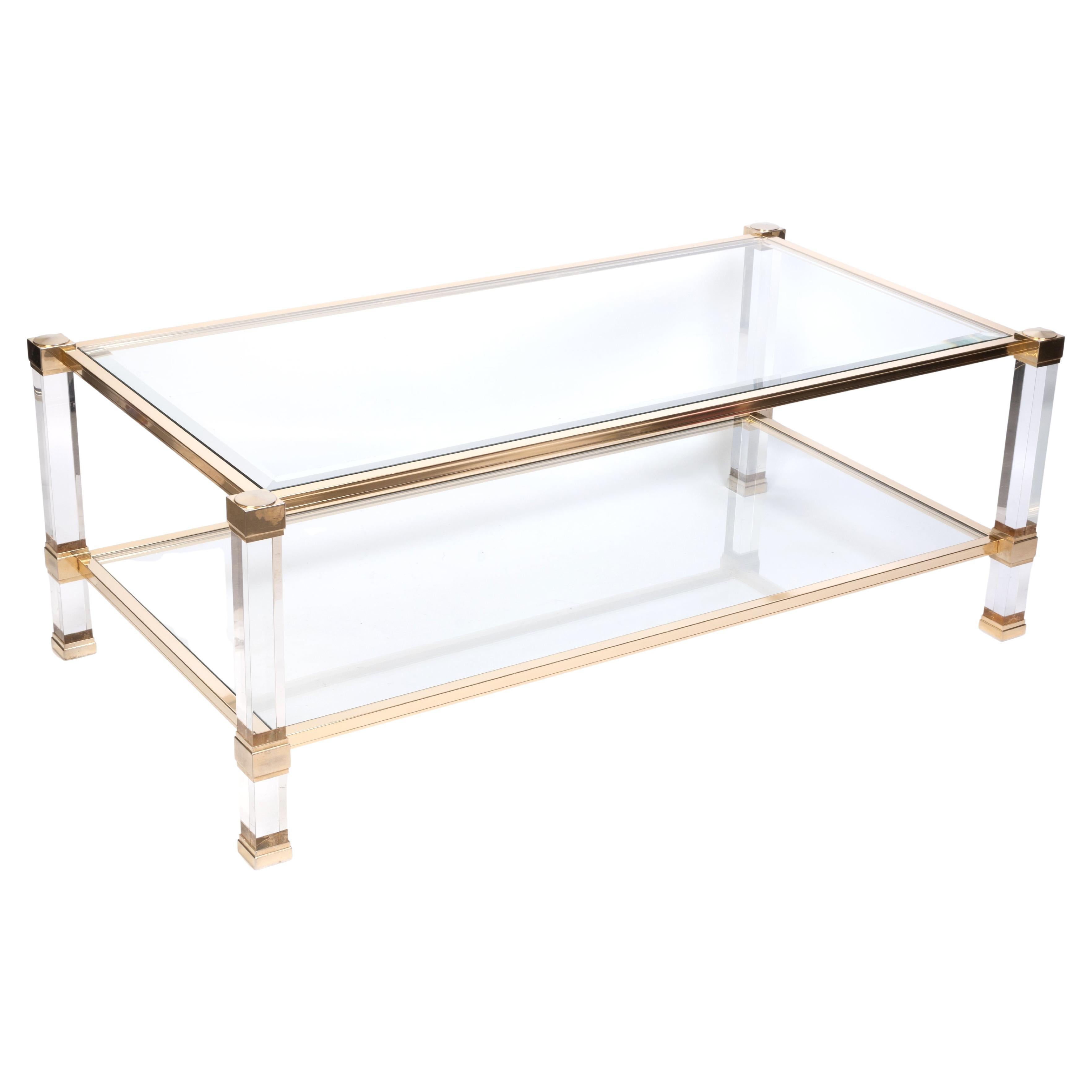 French 1970's Lucite Gilt Lacquered Brass Coffee Table by Pierre Vandel, Paris For Sale