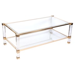 French 1970's Lucite Gilt Lacquered Brass Coffee Table by Pierre Vandel, Paris