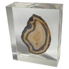 French, 1970s, Lucite Resin Cube Sculpture with Agate Stone