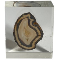French, 1970s, Lucite Resin Cube Sculpture with Agate Stone