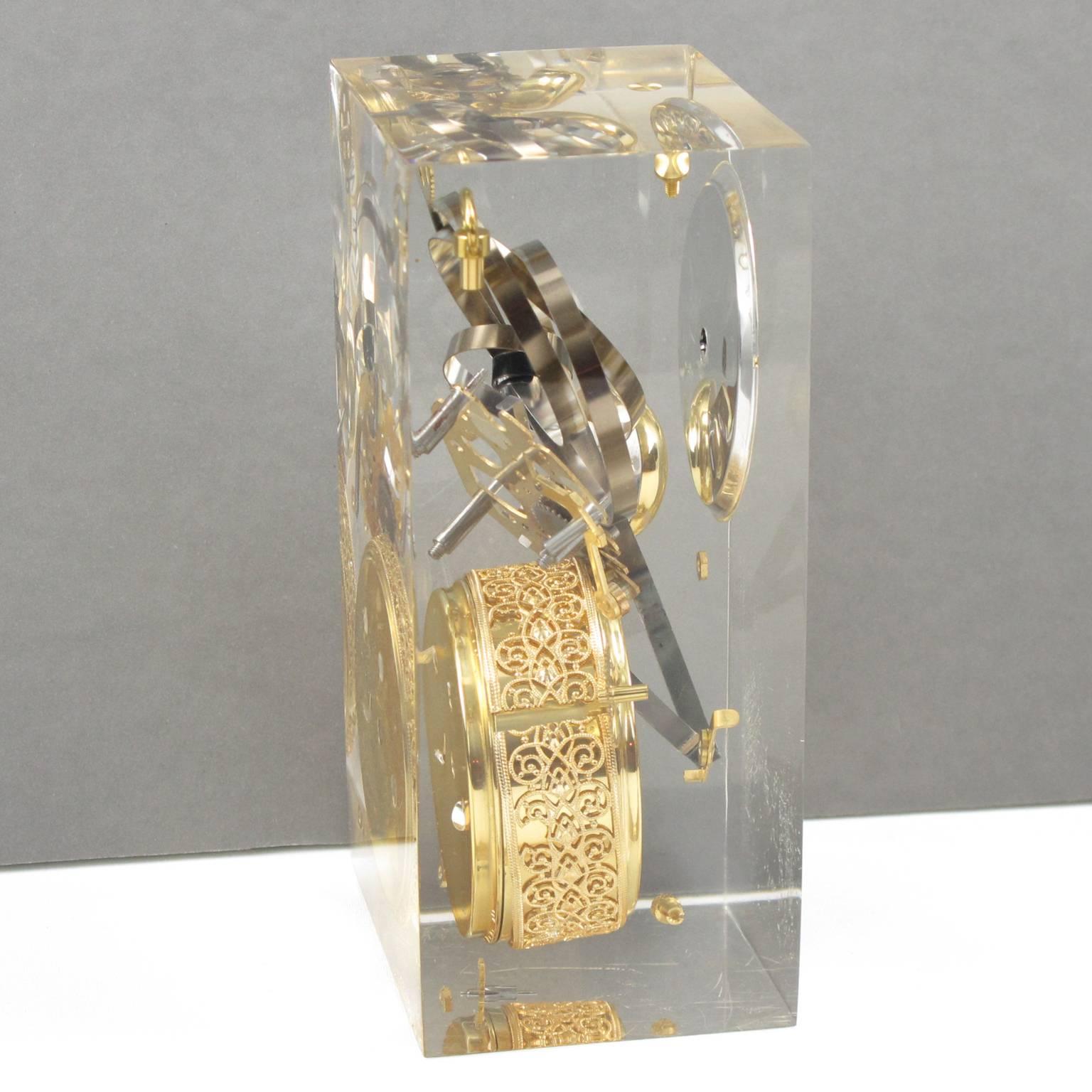 Mid-Century Modern French 1970s Lucite Resin Cube Sculpture with Gear and Clock Parts Inclusions