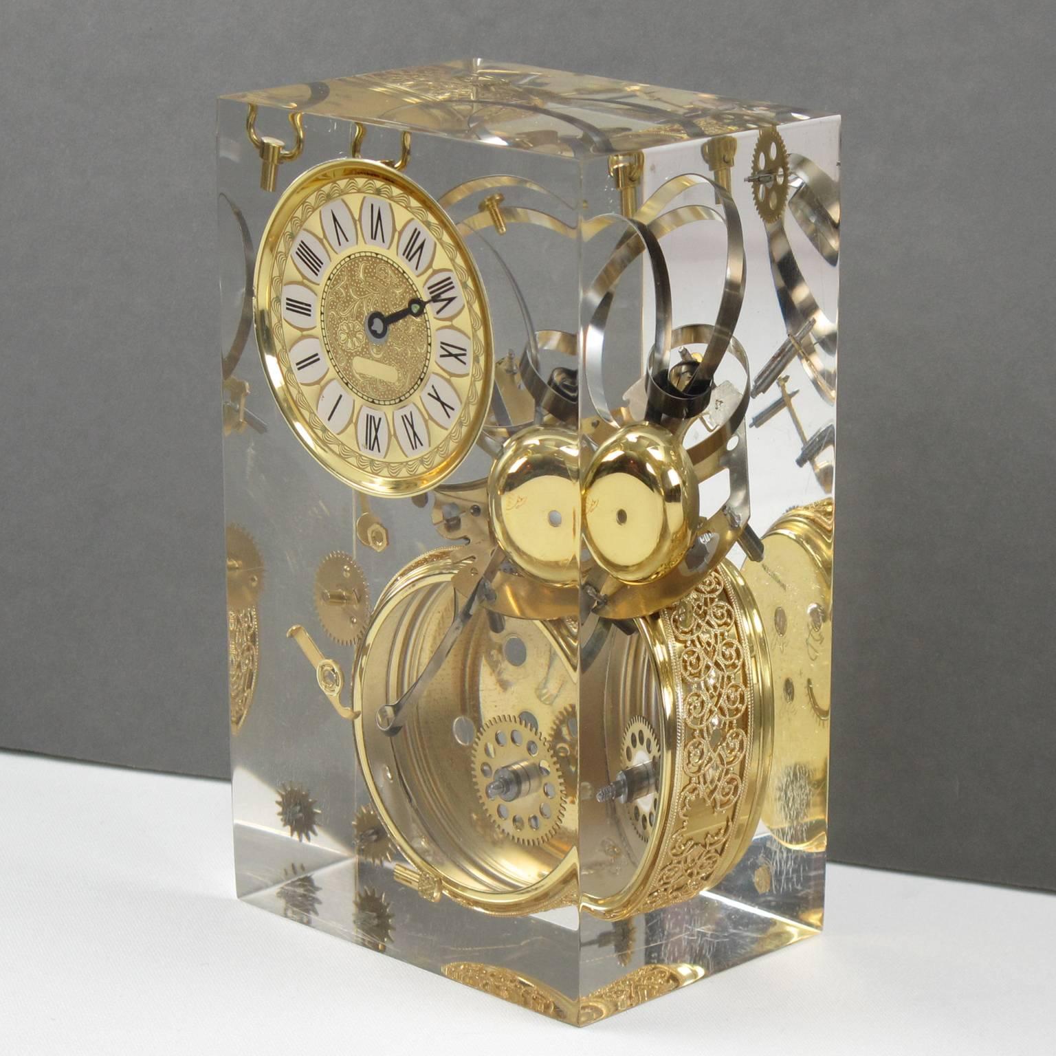 20th Century French 1970s Lucite Resin Cube Sculpture with Gear and Clock Parts Inclusions