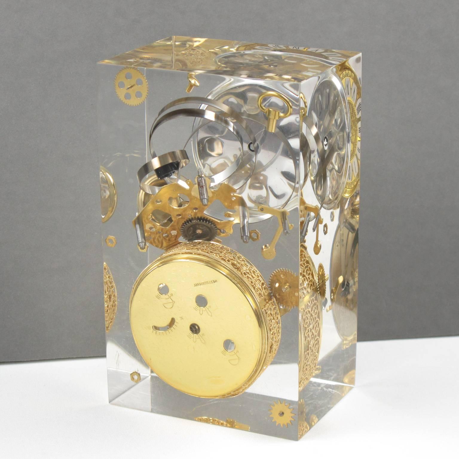 Metal French 1970s Lucite Resin Cube Sculpture with Gear and Clock Parts Inclusions