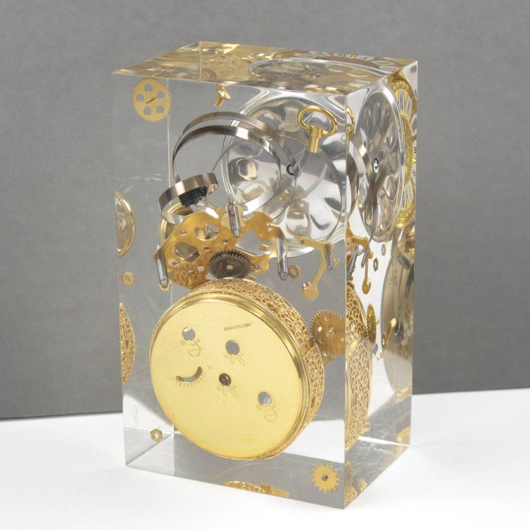French 1970s Lucite Resin Cube Sculpture with Gear and Clock Parts