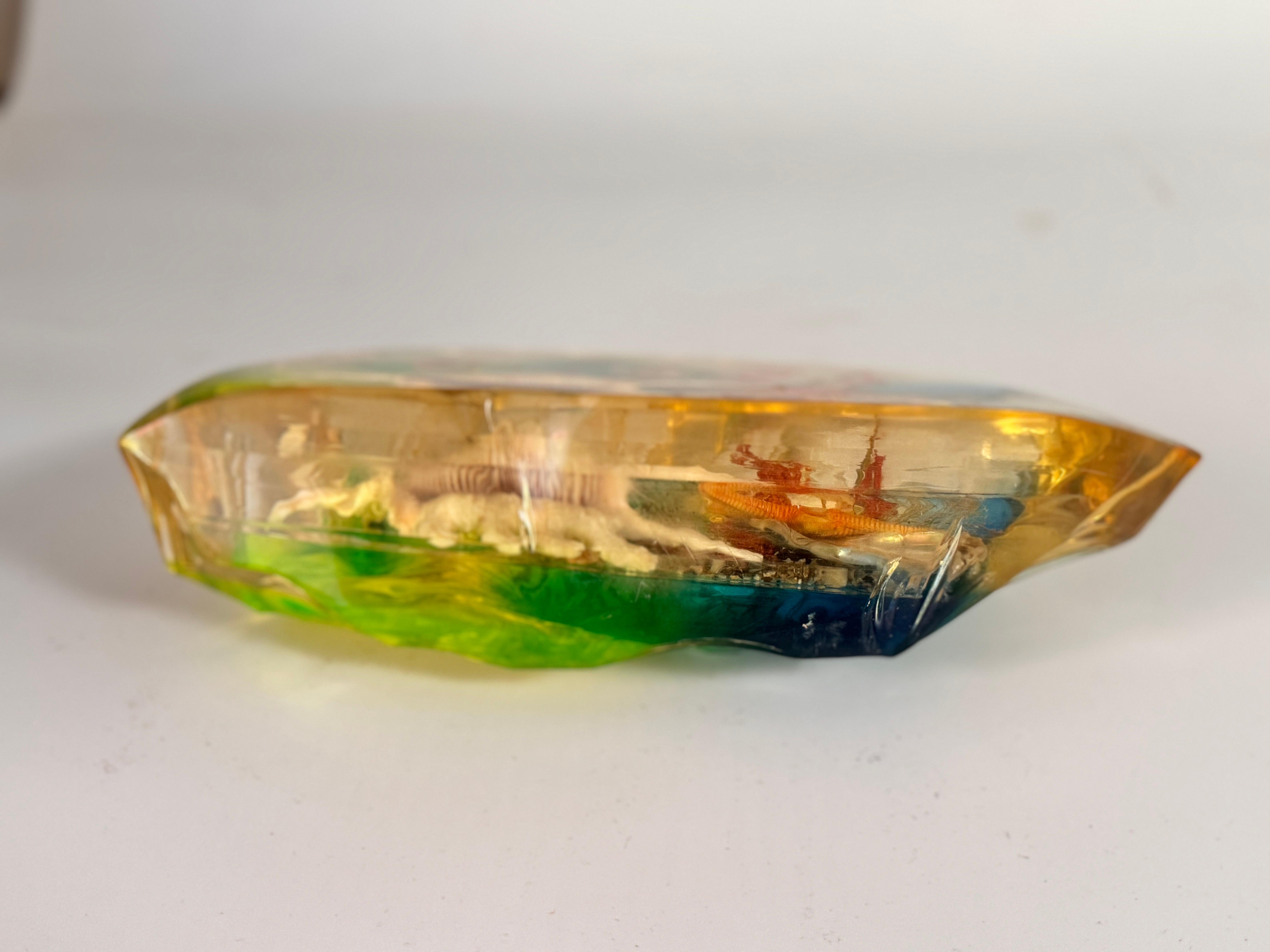 Late 20th Century French, 1970s, Lucite Resin Cube Sculpture with with seashells andhyphocampi For Sale