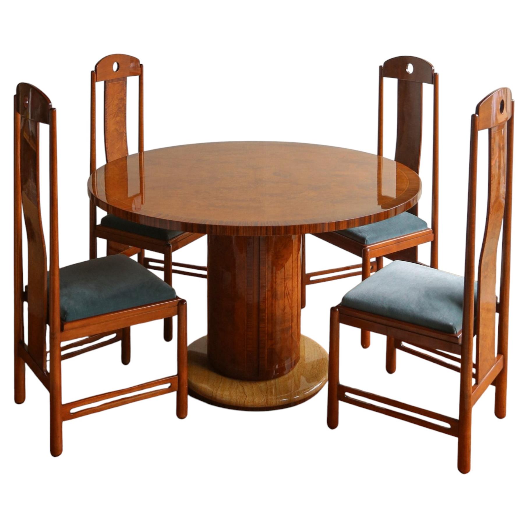 French 1970s Maple Burl Dining Table and Chairs Set For Sale