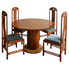 French 1970s Maple Burl Dining Table and Chairs Set