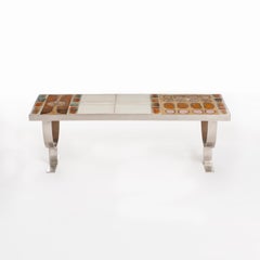 French 1970s Metal Base and Ceramic Top Coffee Table in brown-orange-white