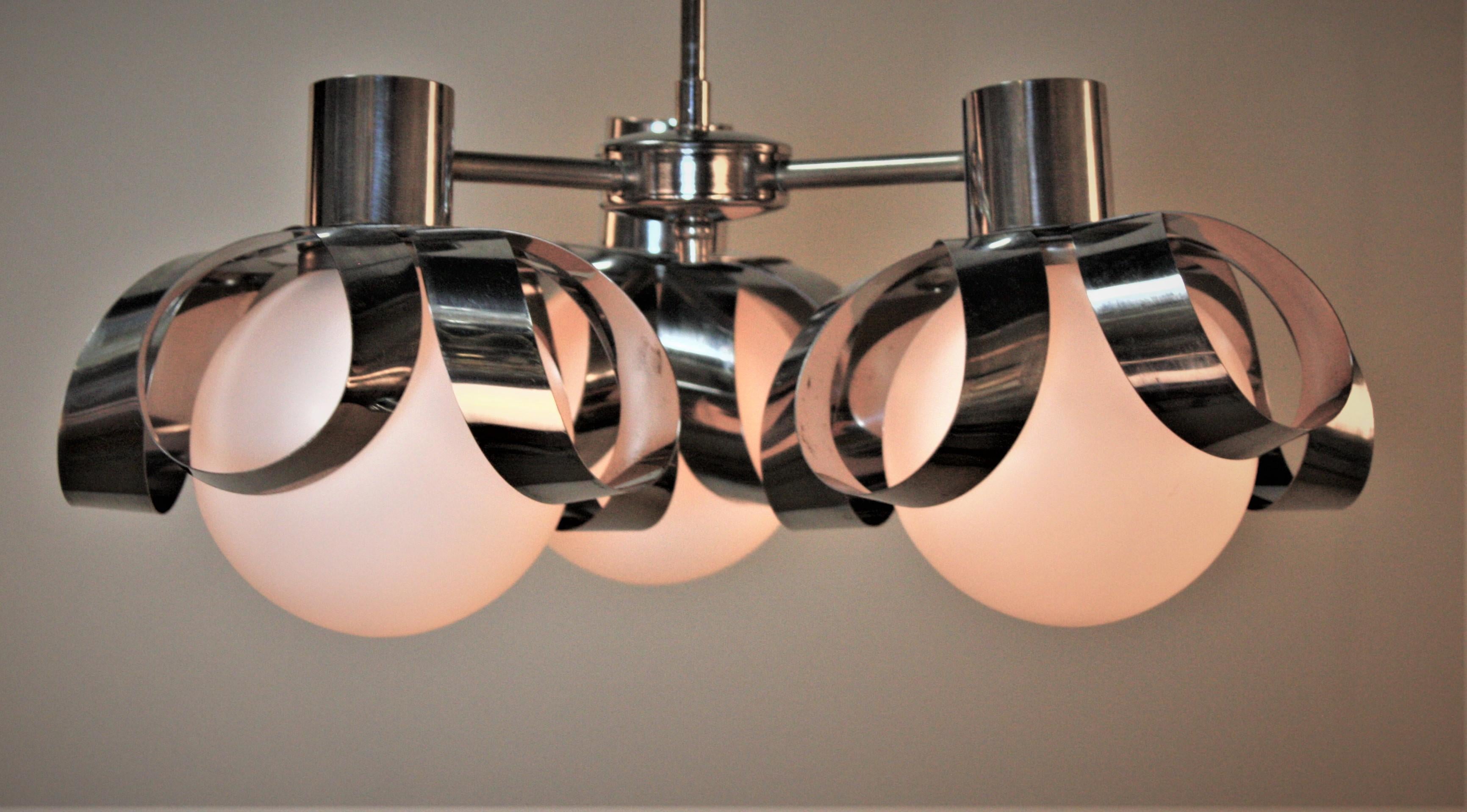 Modern 3 lights chrome with opal glass chandelier.