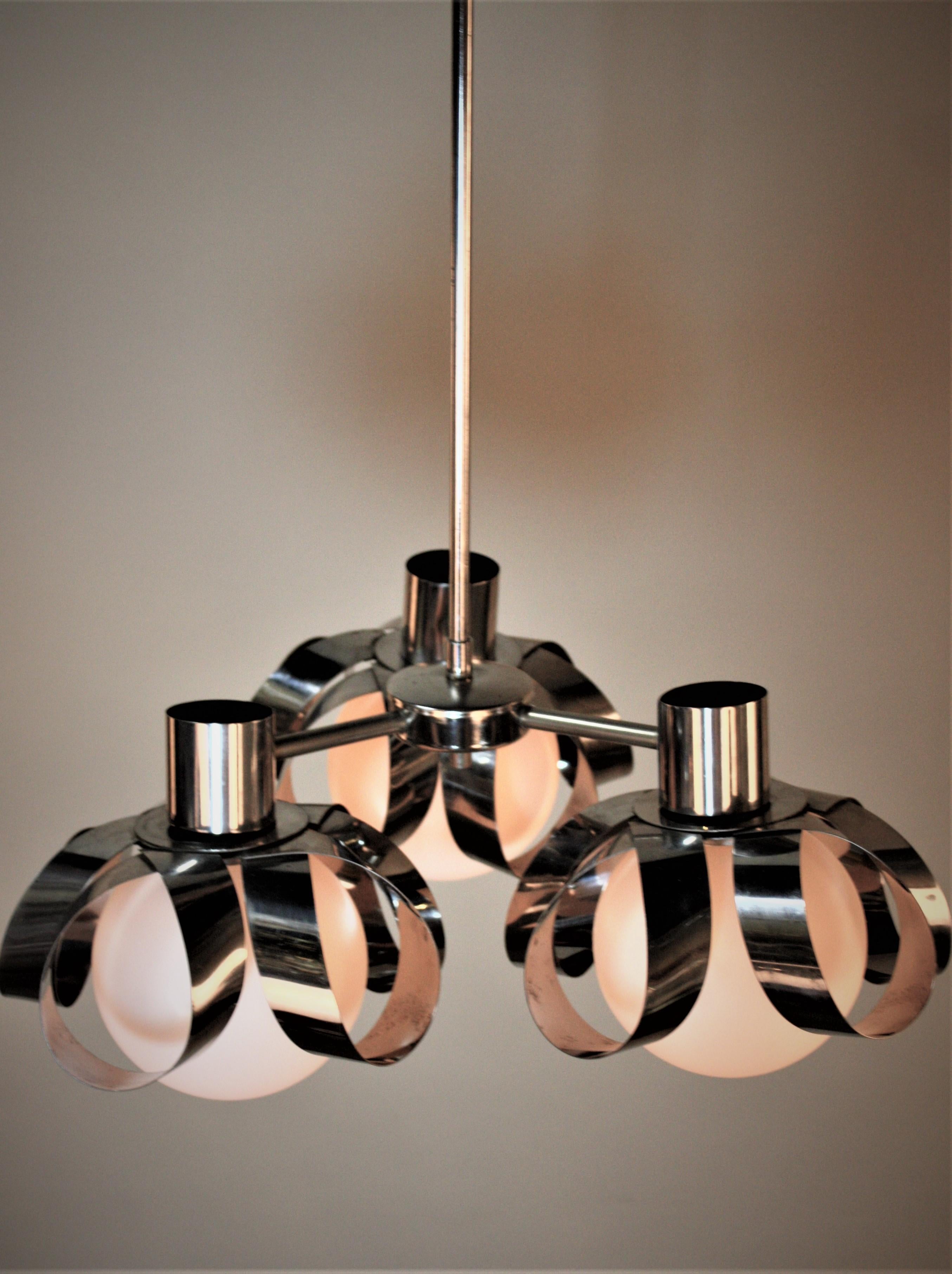 French 1970's Modern Design Chrome and Opal Glass Chandelier 3