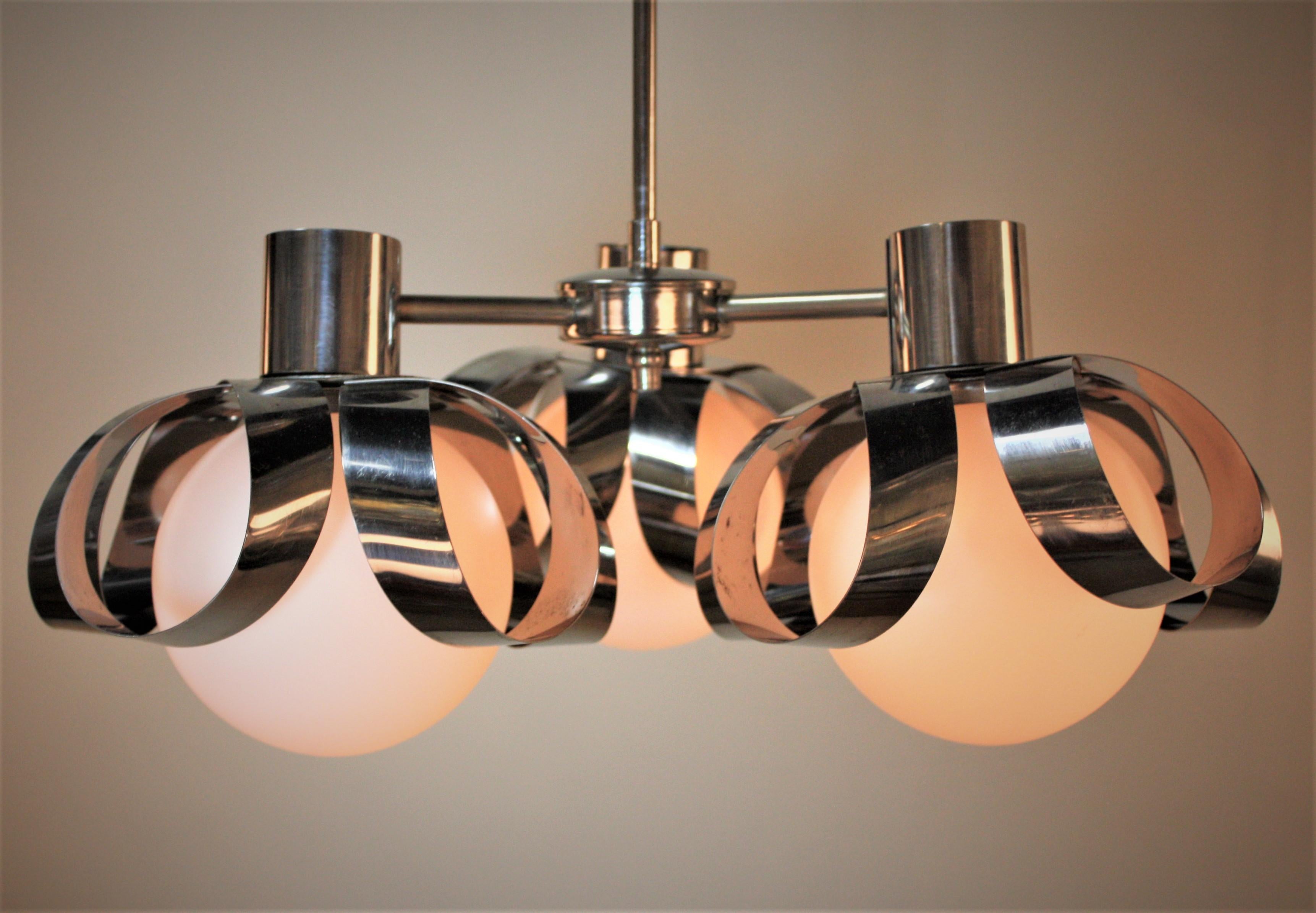 French 1970's Modern Design Chrome and Opal Glass Chandelier 4