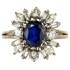 French 1970s Modernist Sapphire Diamonds White Gold Cluster Ring