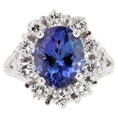 Retro French 1970s Natural NO Heat Tanzanite Diamonds 18 Karat White Gold Ring