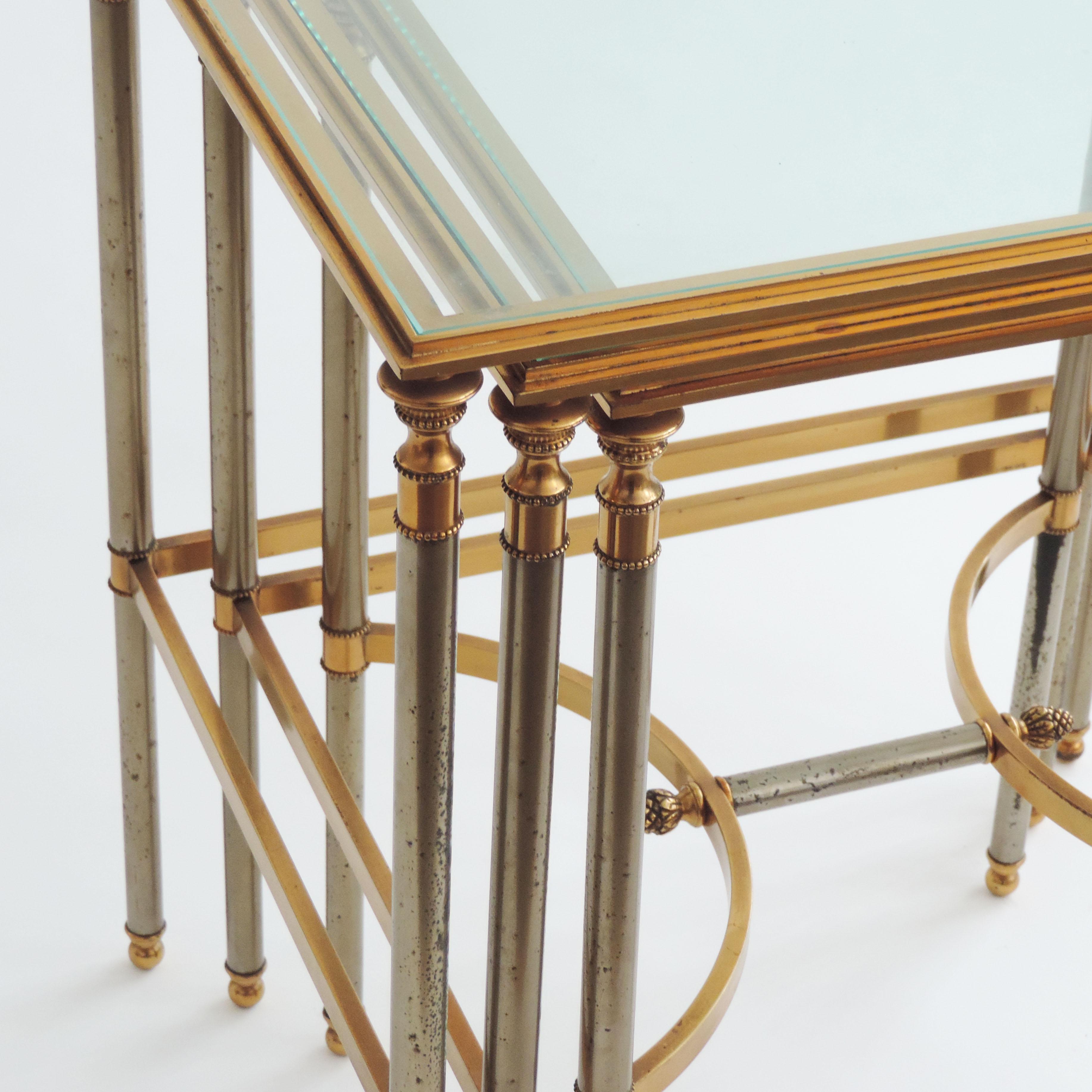 Late 20th Century French 1970s Neo-Classical Steel and Brass Nesting Tables For Sale