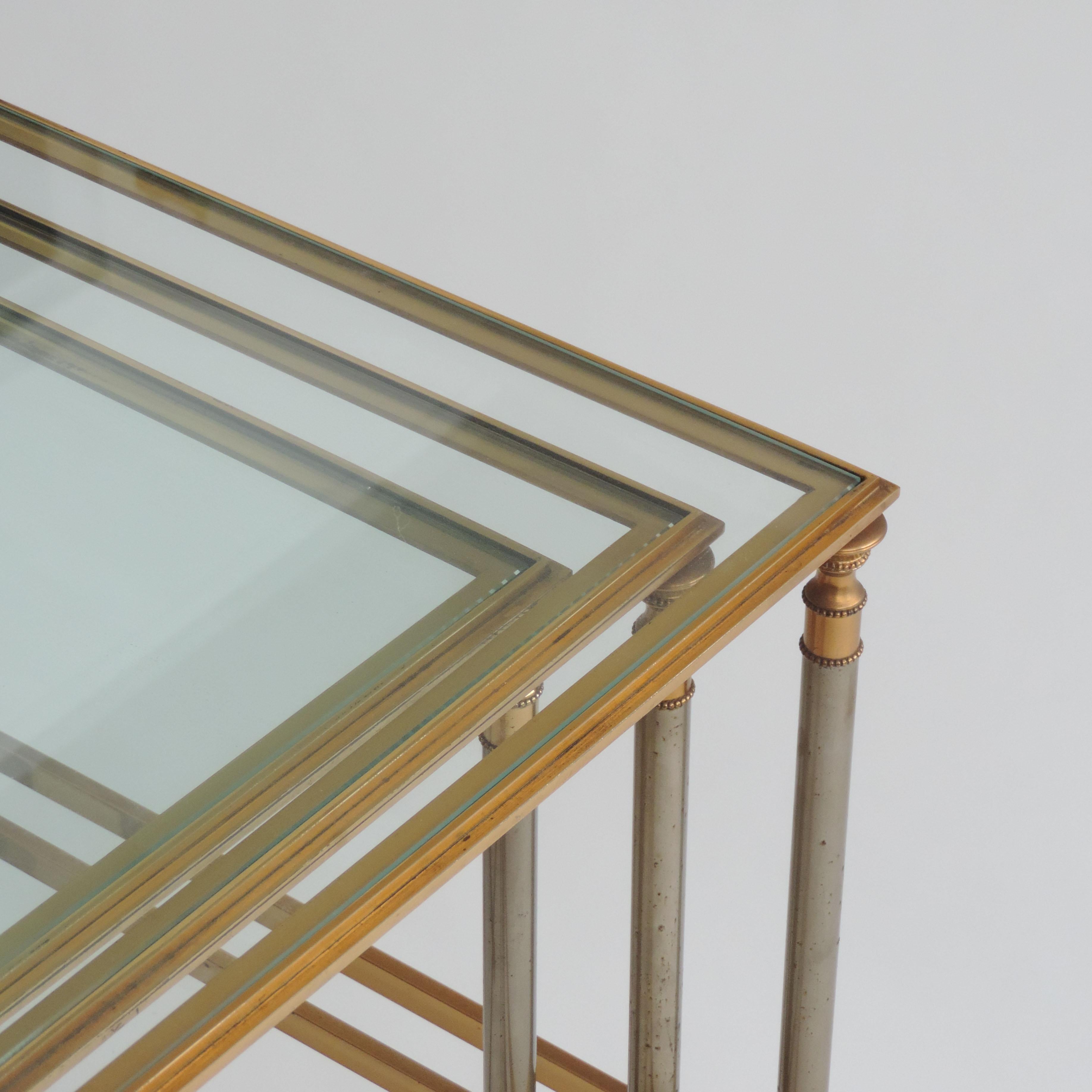 French 1970s Neo-Classical Steel and Brass Nesting Tables For Sale 2