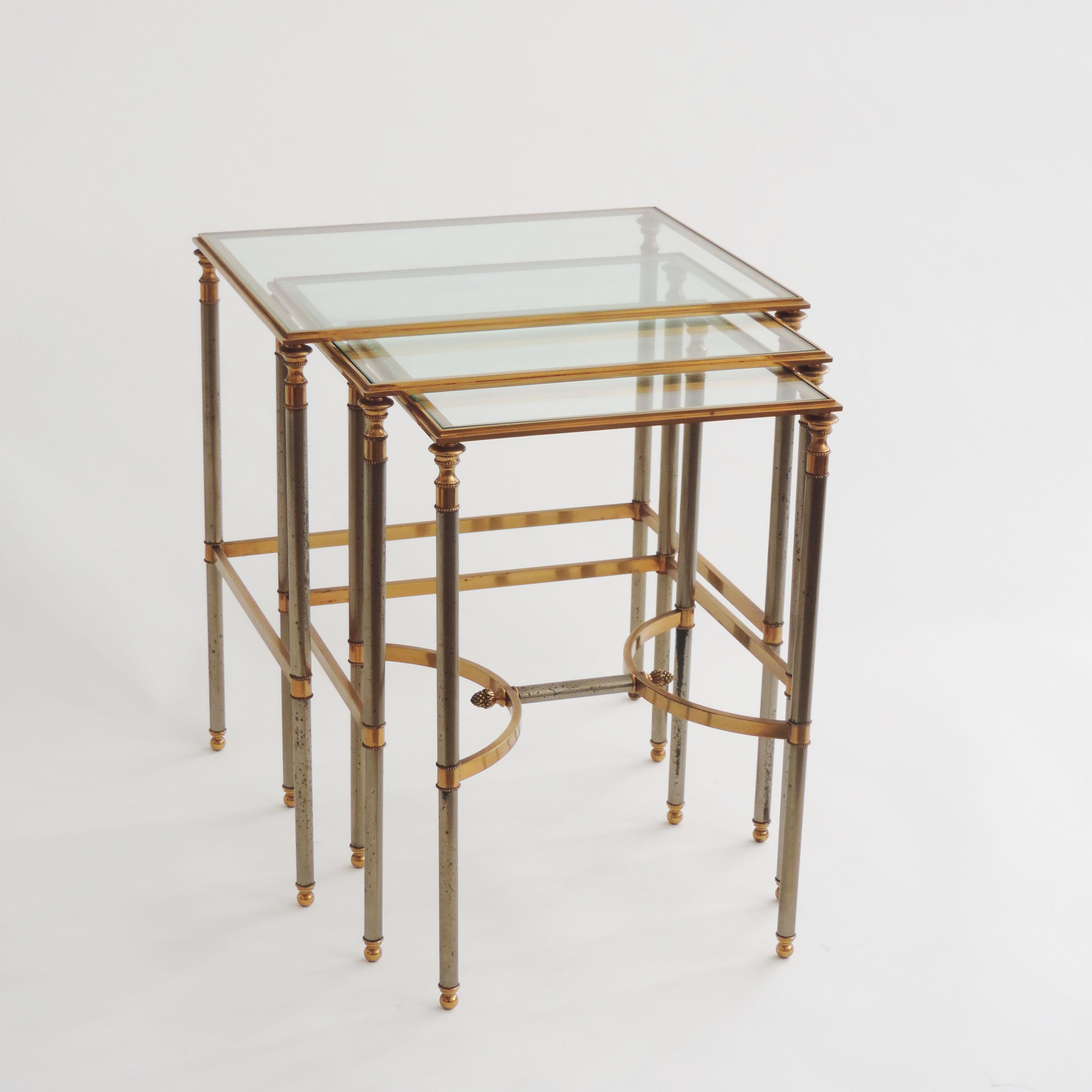 French 1970s Neo-Classical Steel and Brass Nesting Tables For Sale 3