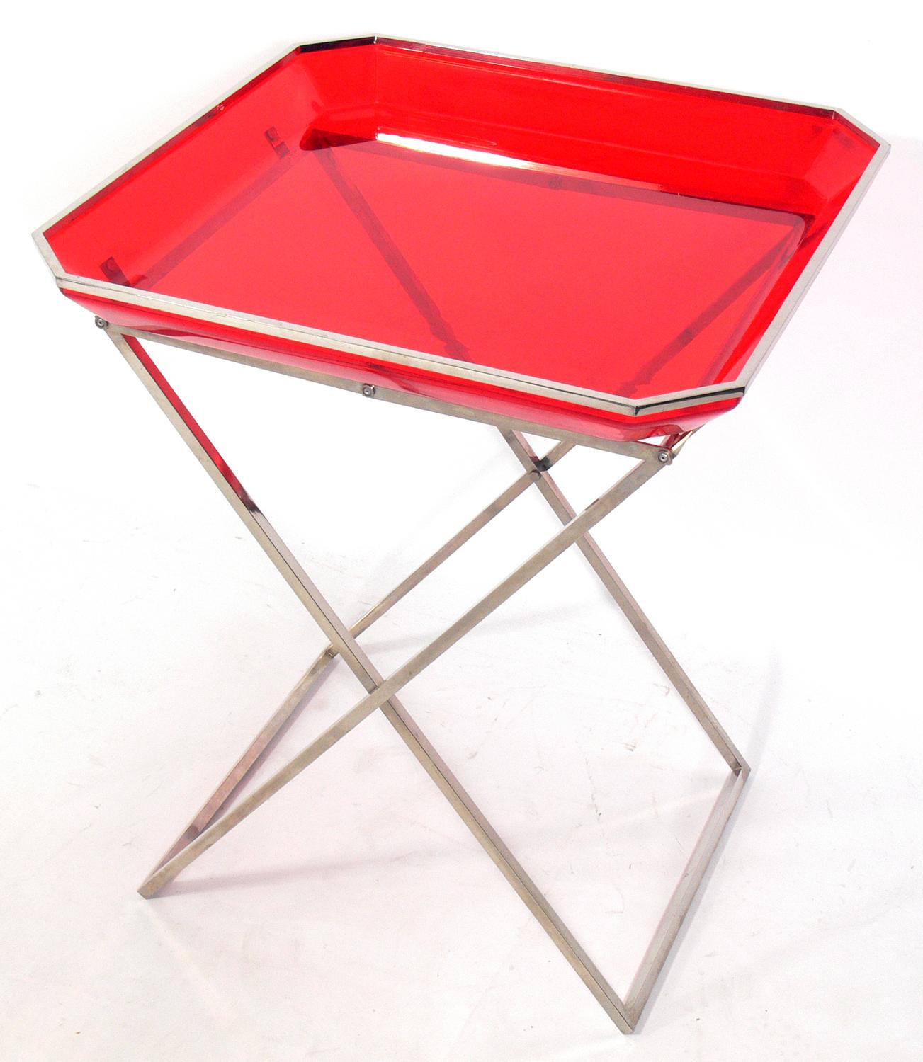 Nickel and acrylic bar cart, French, circa 1970s. It is versatile size with a removable tray and folding base and can be used as a bar cart or serving table.
