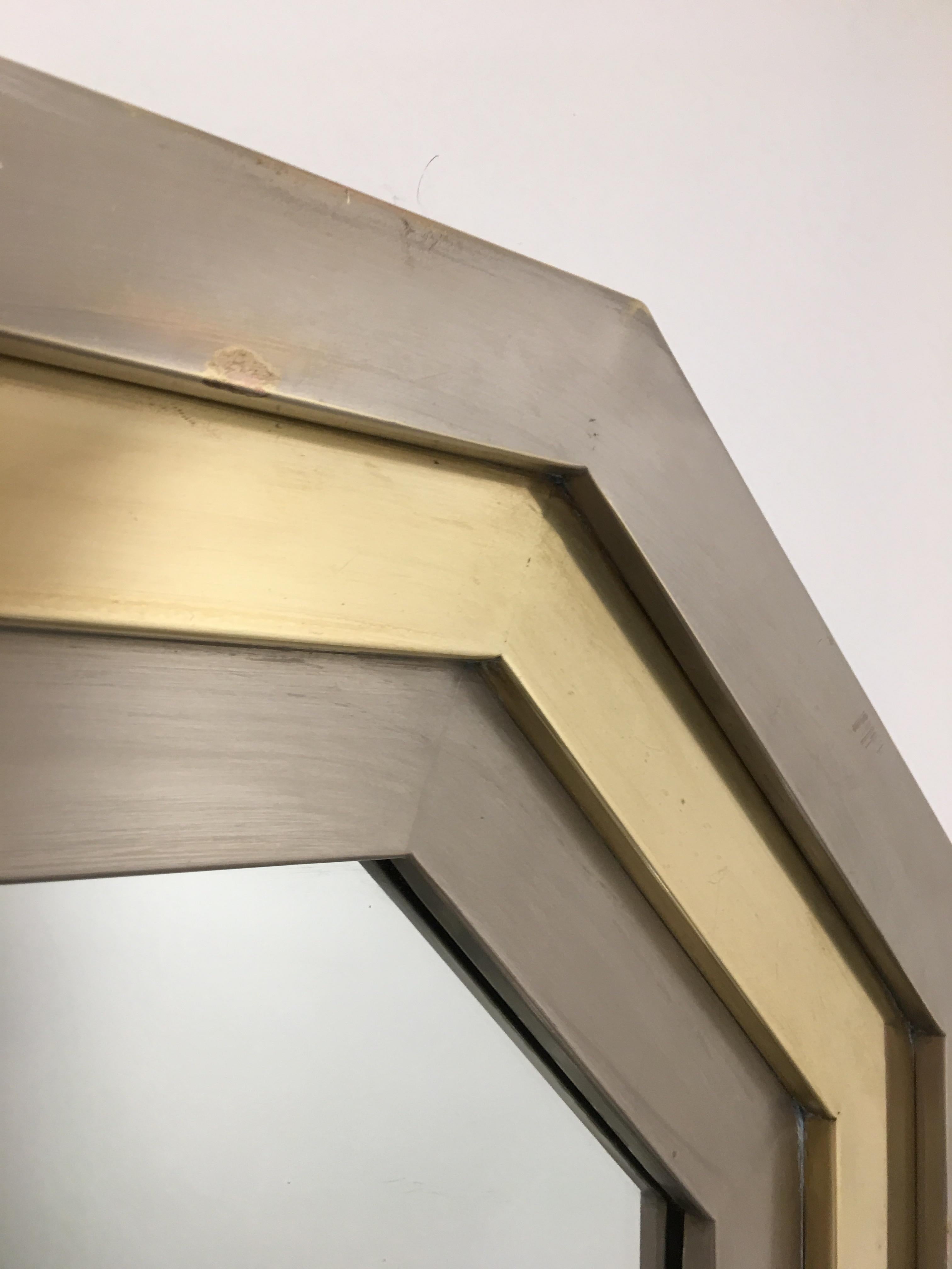 French 1970s Stainless & Brass Octagonal Mirror After Maria Pergay For Sale 7