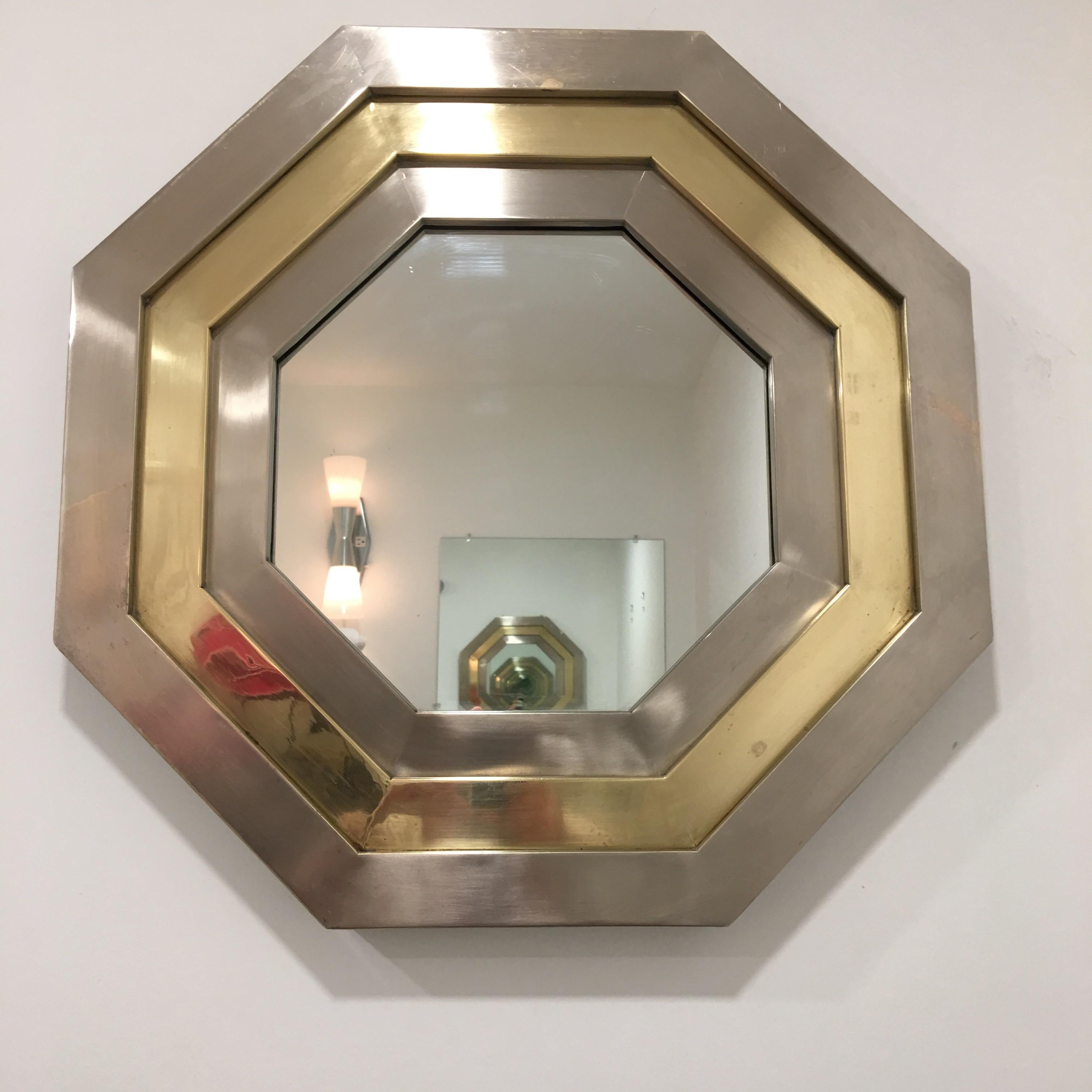 Mid-Century Modern French 1970s Stainless & Brass Octagonal Mirror After Maria Pergay For Sale