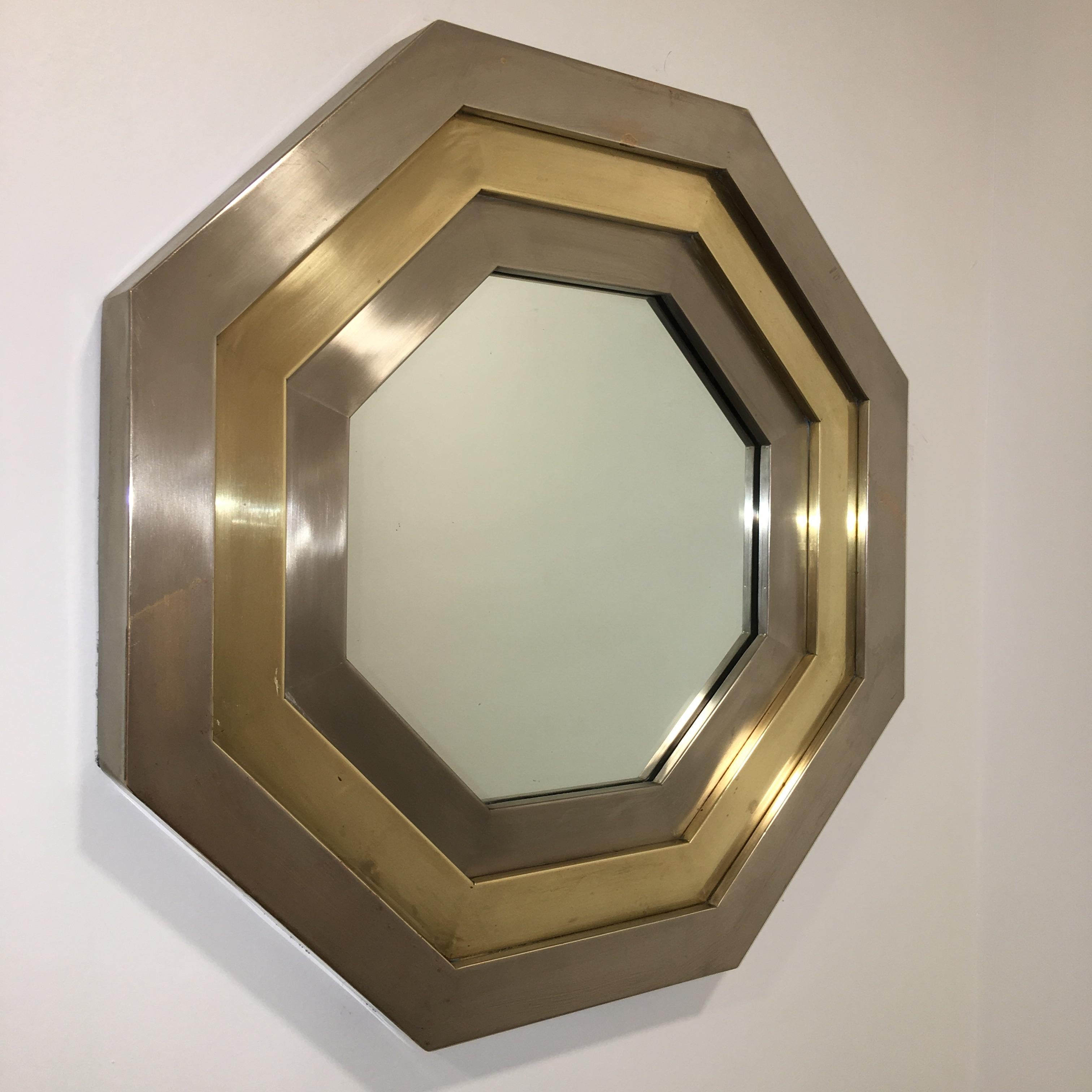 Italian French 1970s Stainless & Brass Octagonal Mirror After Maria Pergay For Sale