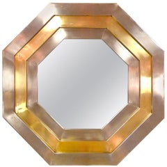 Retro French 1970s Stainless & Brass Octagonal Mirror After Maria Pergay