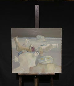 1970's Very Large French Modernist Abstract Oil Painting Moon Surface Figures