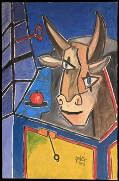 Large 1970's French Abstract Signed Oil Painting Head Portrait of a Bull