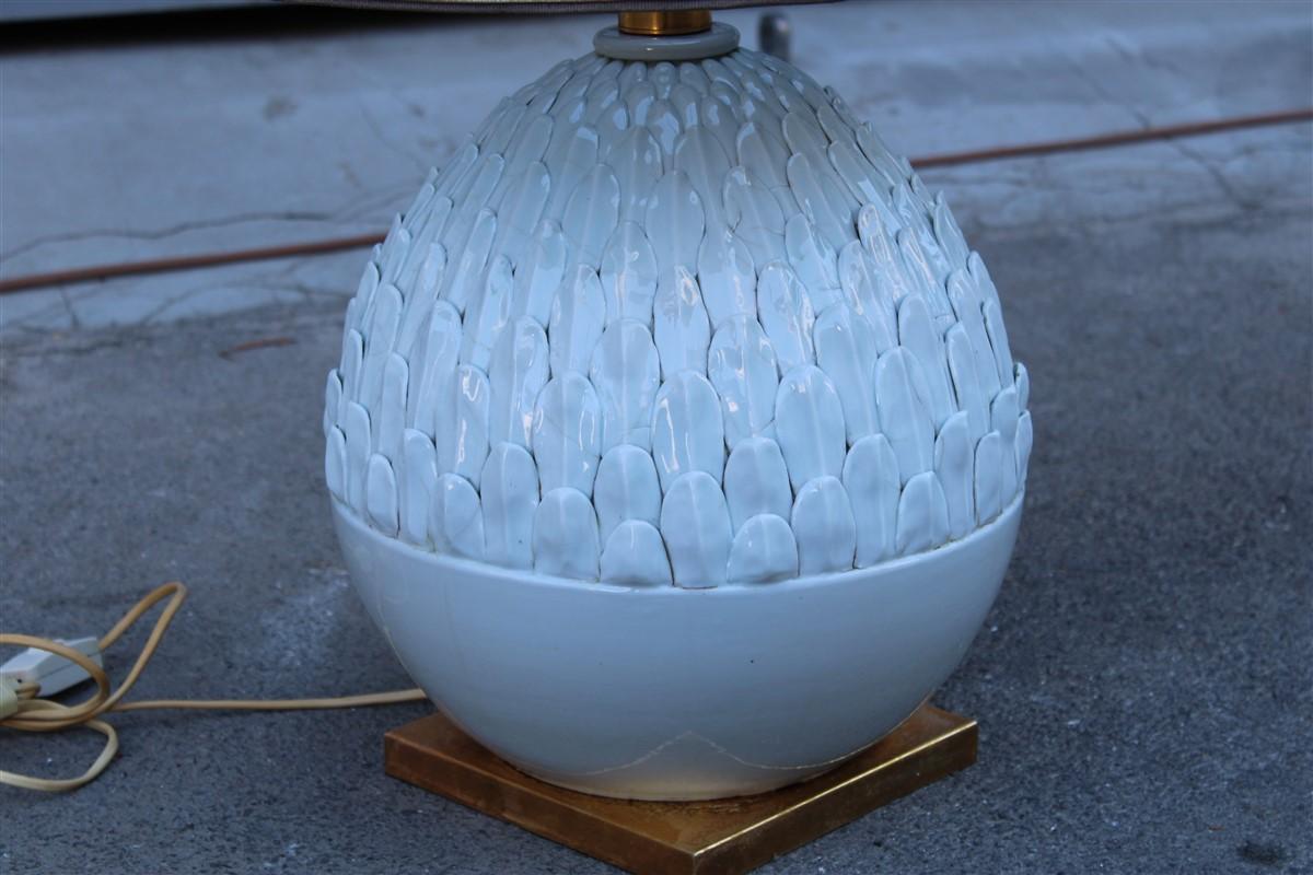 20th Century French 1970s Pine Cone Table Lamp Hand Modeled Porcelain Brass For Sale