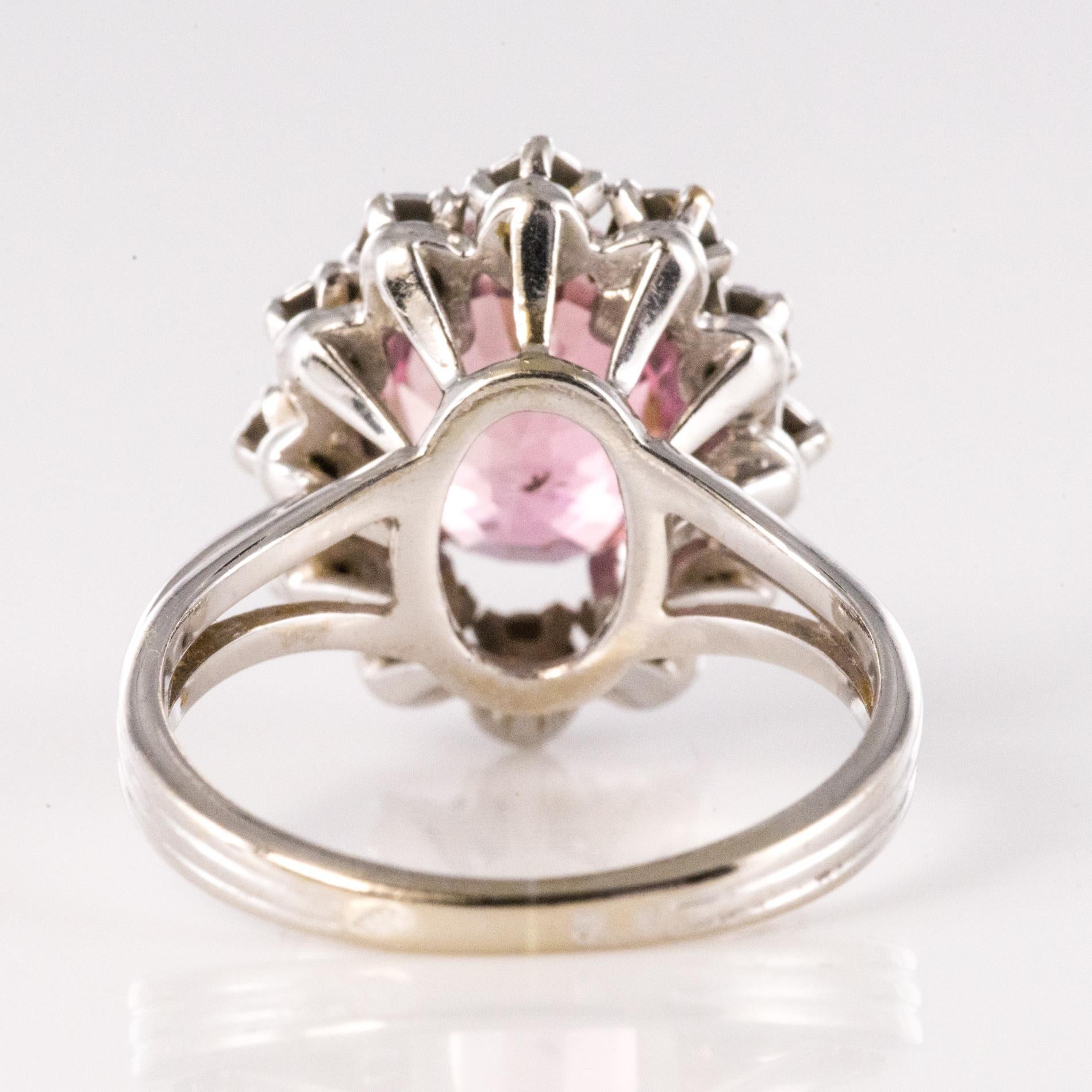 French 1970s Pink Tourmaline Diamonds 18 Karat White Gold Daisy Ring 5