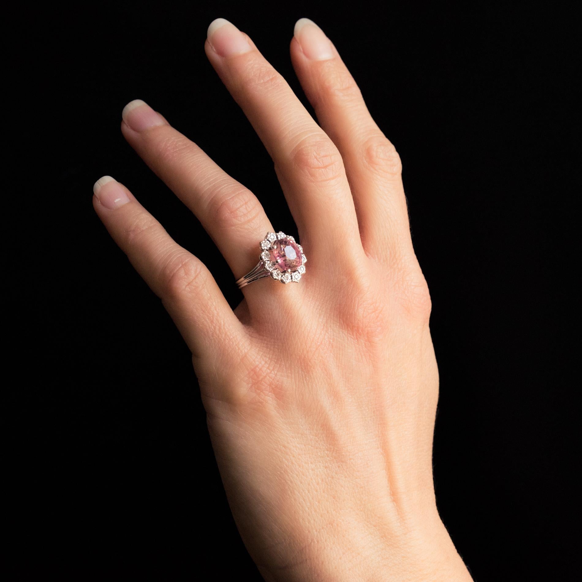 French 1970s Pink Tourmaline Diamonds 18 Karat White Gold Daisy Ring 1
