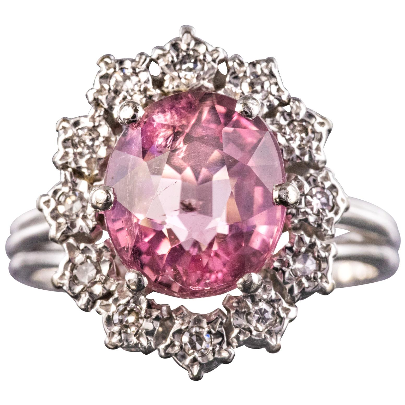 French 1970s Pink Tourmaline Diamonds 18 Karat White Gold Daisy Ring