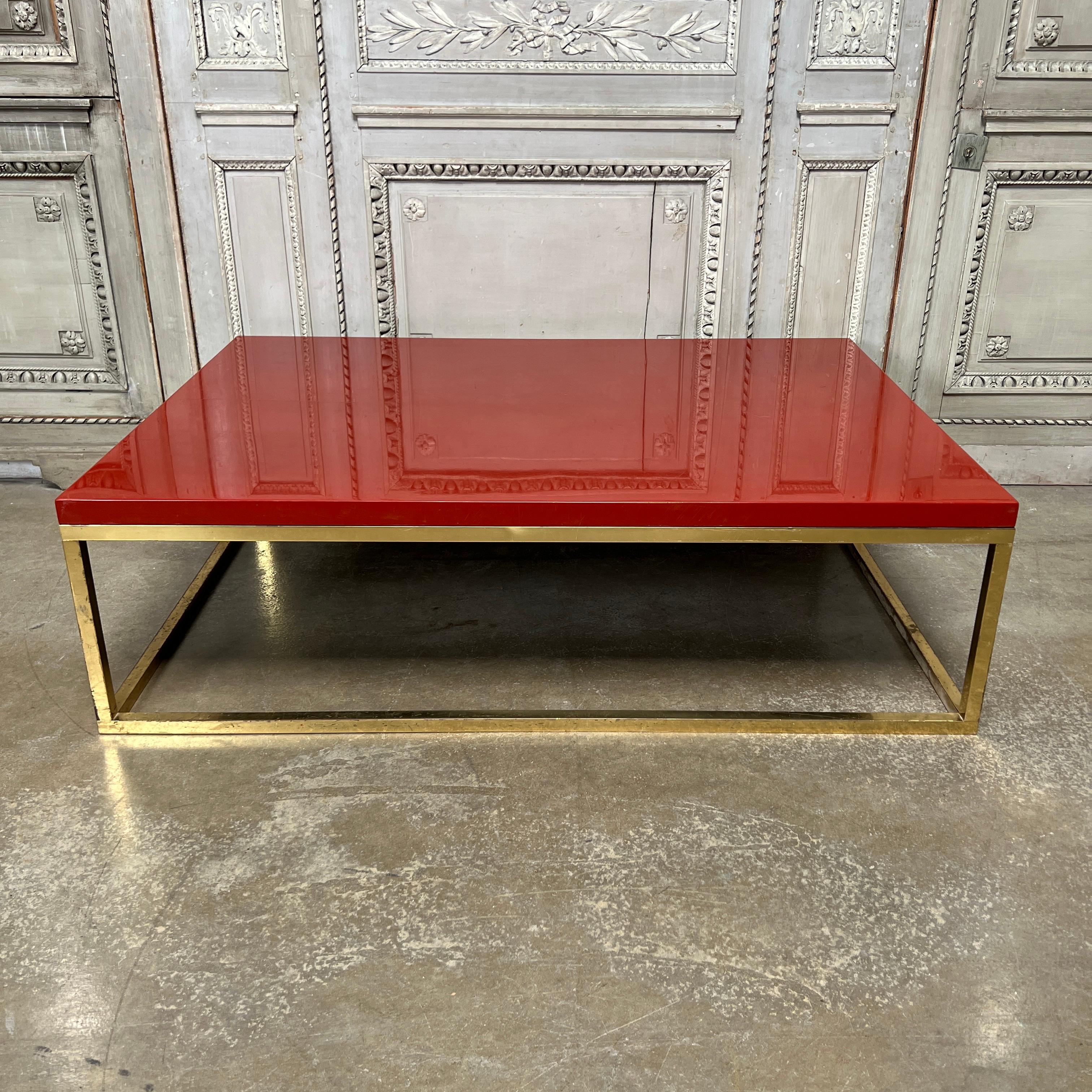 Mid-Century Modern French 1970s Red Lacquer and Brass Coffee Table For Sale