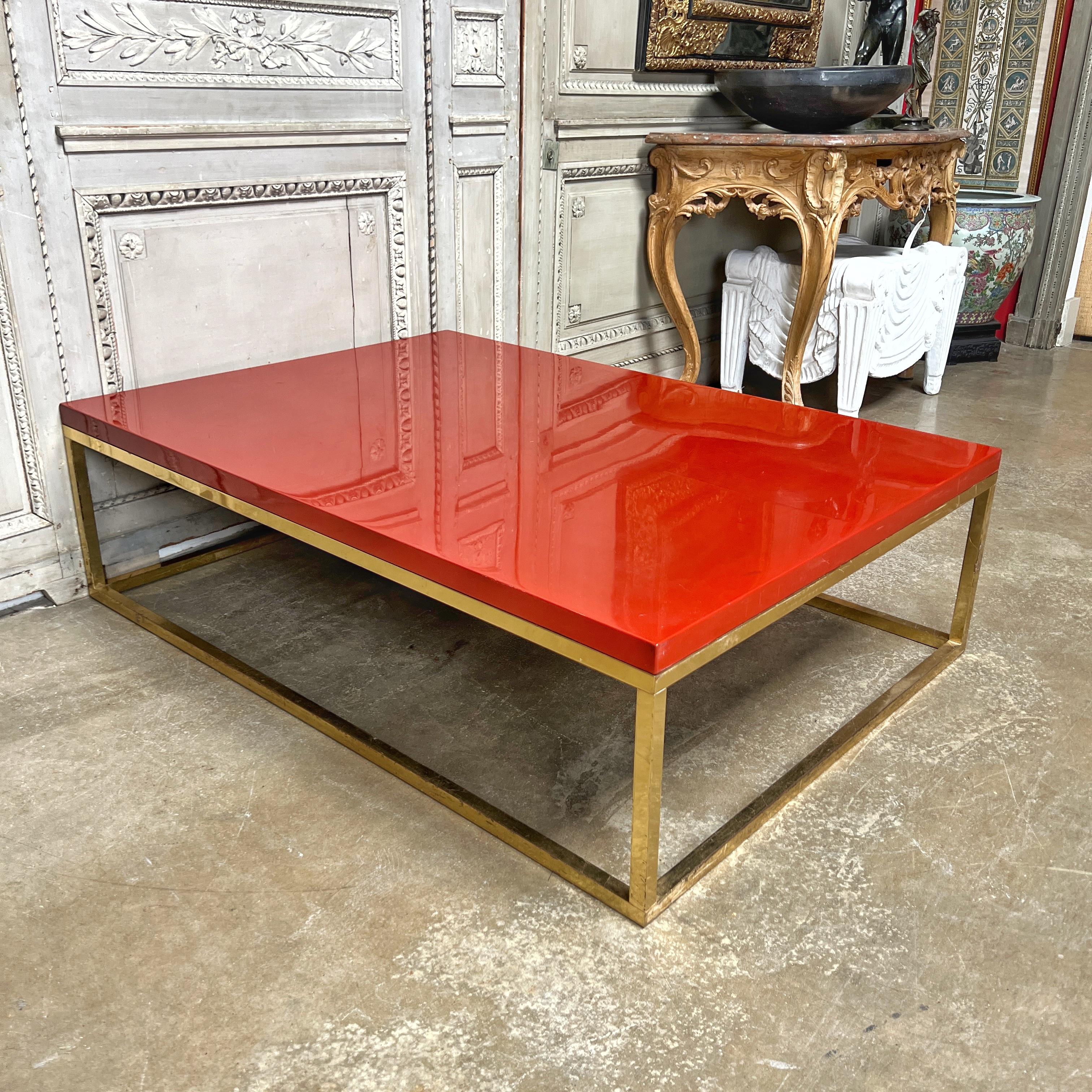French 1970s Red Lacquer and Brass Coffee Table For Sale 1