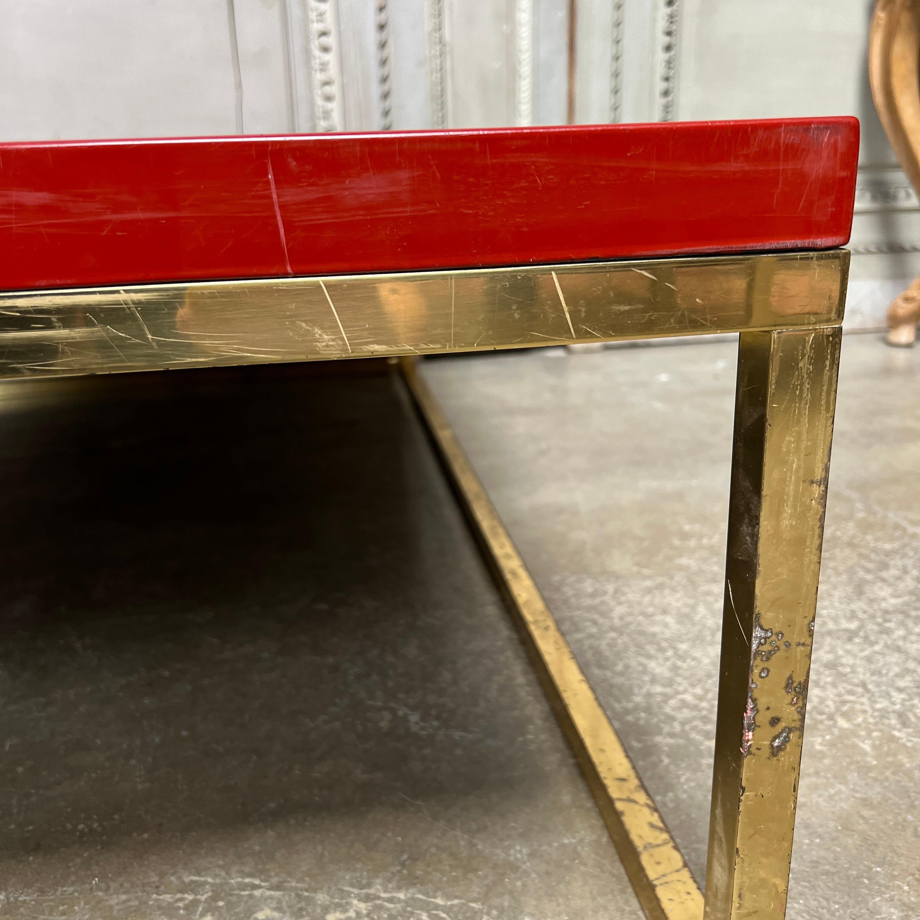 French 1970s Red Lacquer and Brass Coffee Table For Sale 2