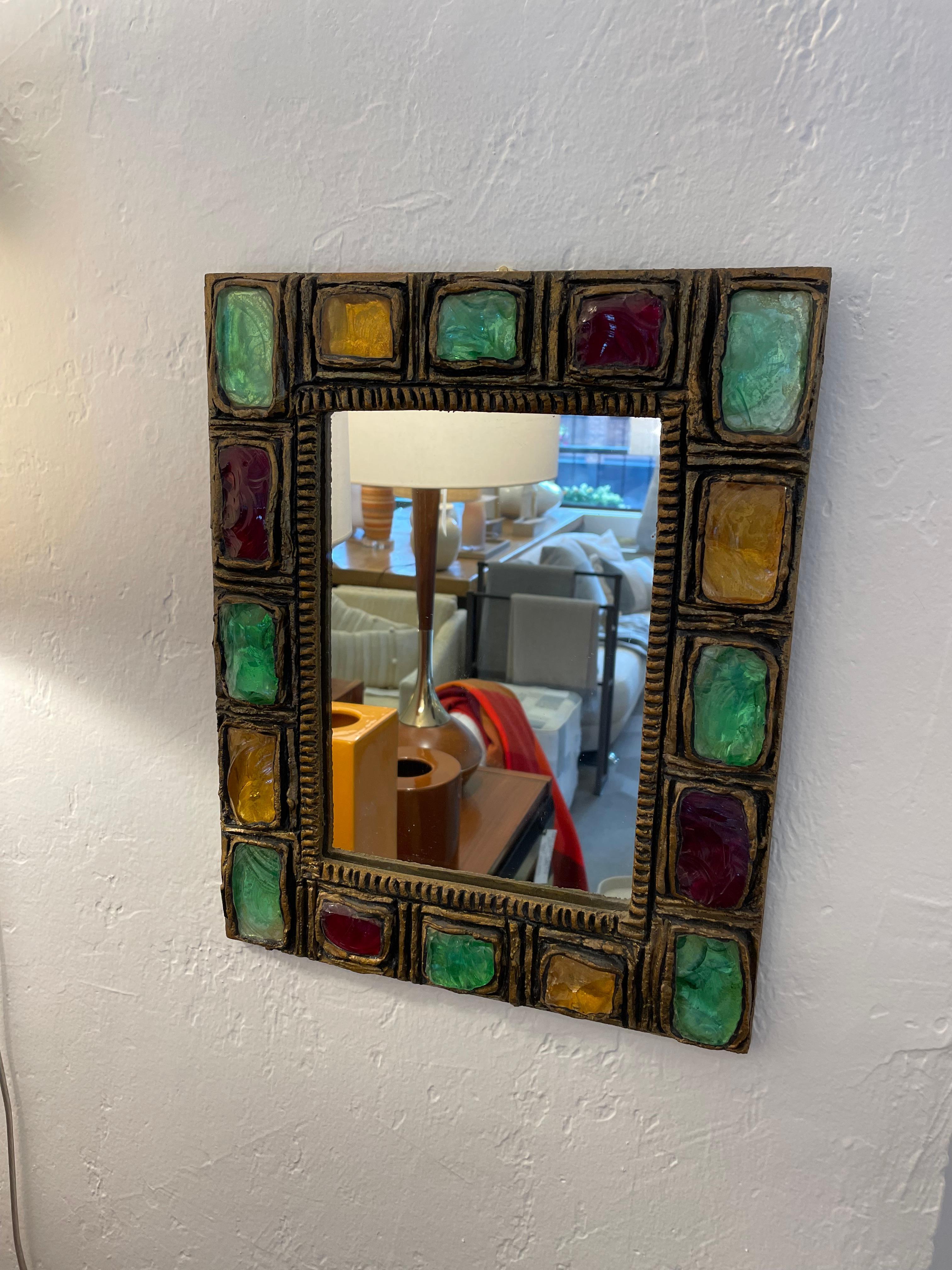 Unique Resin and Colored Glass Cabouchon Mirror from 1970's