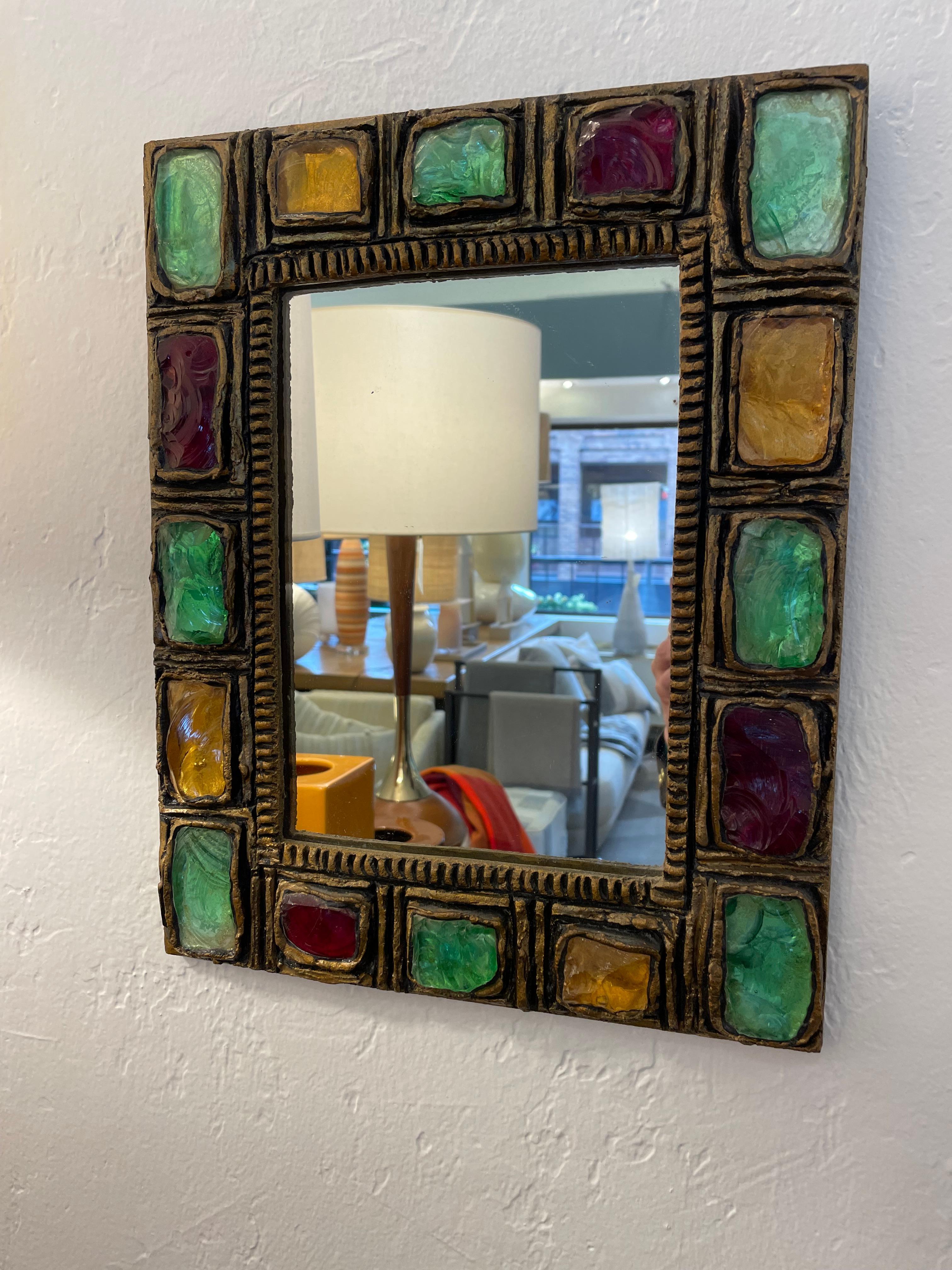 European French 1970's Resin and Colored Glass Cabouchon Mirror For Sale