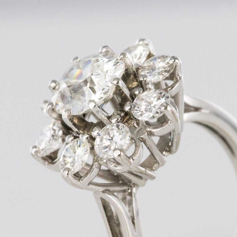 French 1970s Retro 18 Karat White Gold Platinum Diamond Cluster Ring at ...