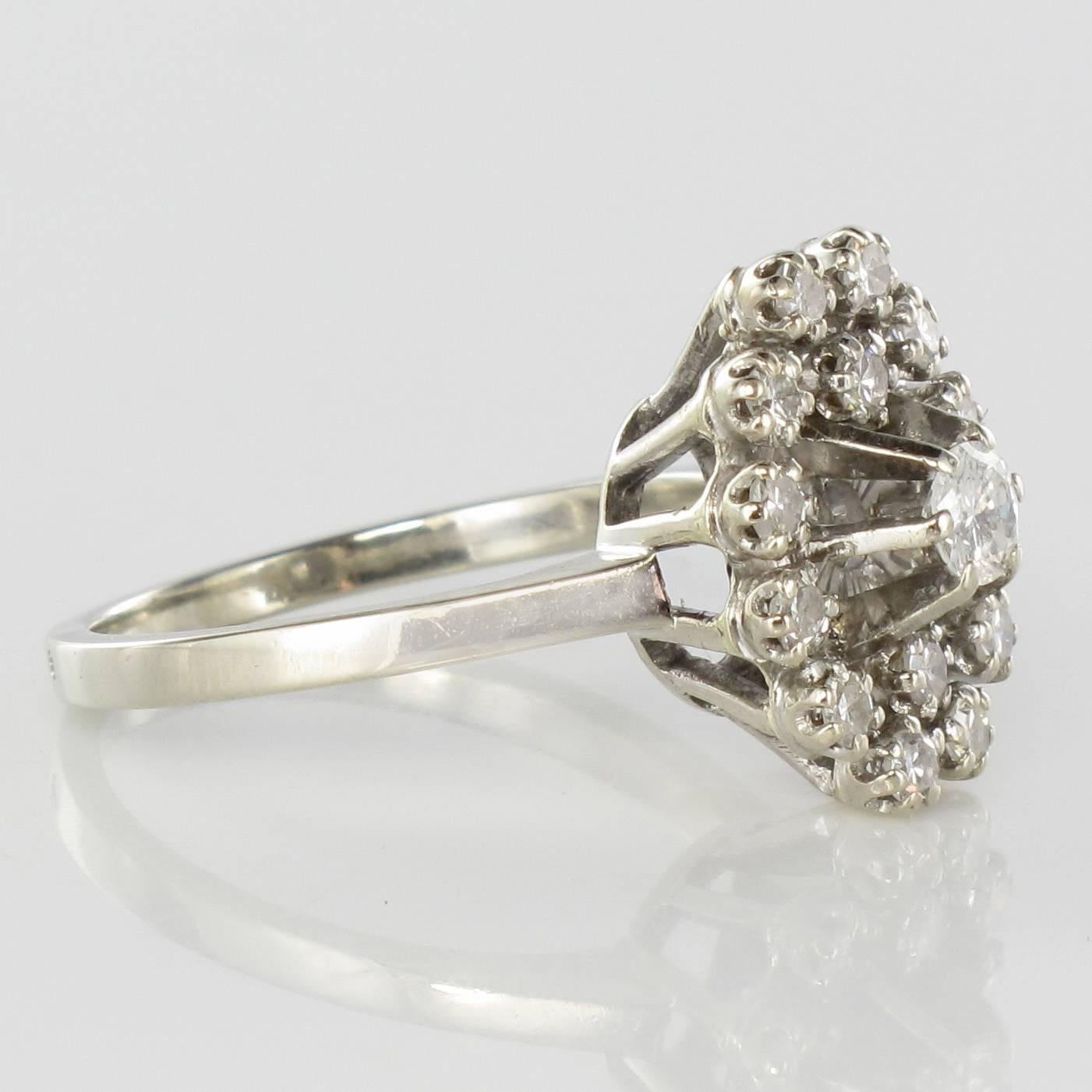 Women's French 1970s Retro Diamond 18 Karat White Gold Marquise Ring 